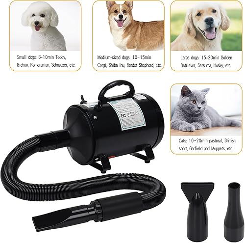 Miniatura 8 de Secador de pelo para perros, 3.2 HP de velocidad ajustable continua, secadora de alta velocidad para perros con 4 boquillas diferentes (negro