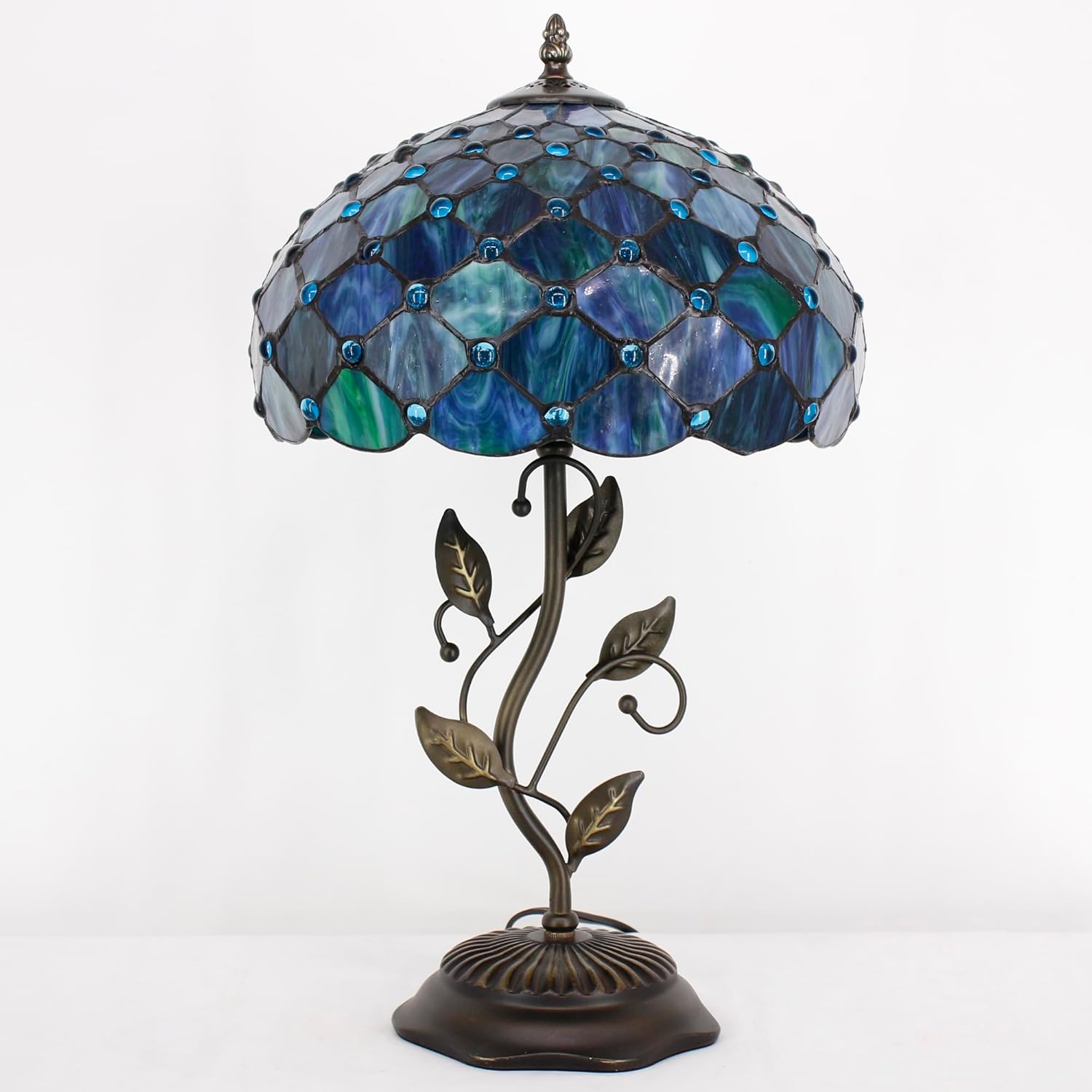 Tiffany Lamp Stained Glass Table Lamp 12X12X19 Inches Desk Reading Light (Sea Blue Pearl Style)