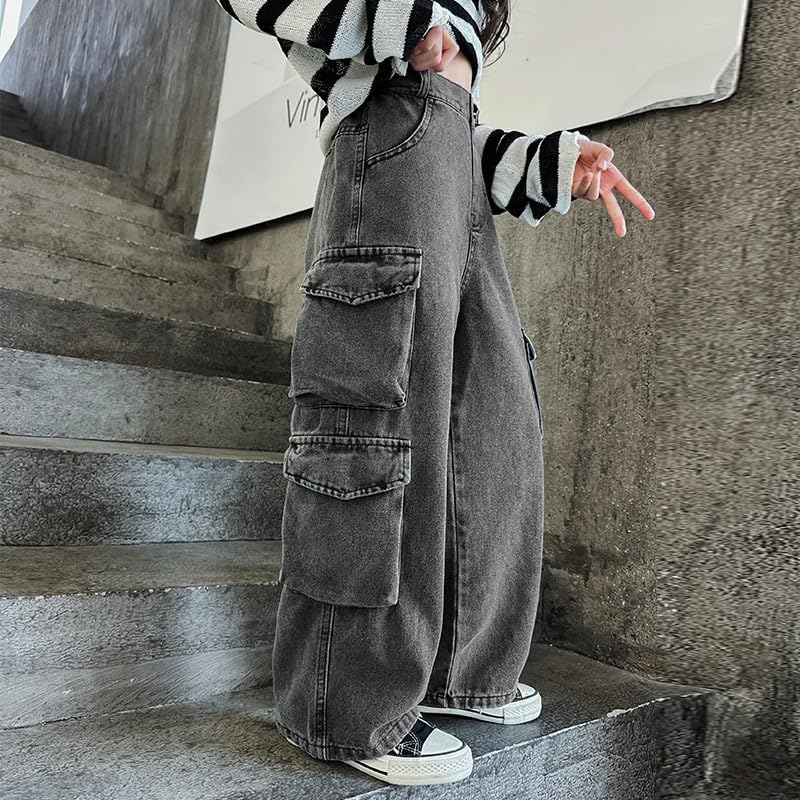 Girls Baggy Jeans Kids Y2K Streetwear Trendy High Waisted Straight Wide Leg Denim Cargo Pants with Multi Pockets3