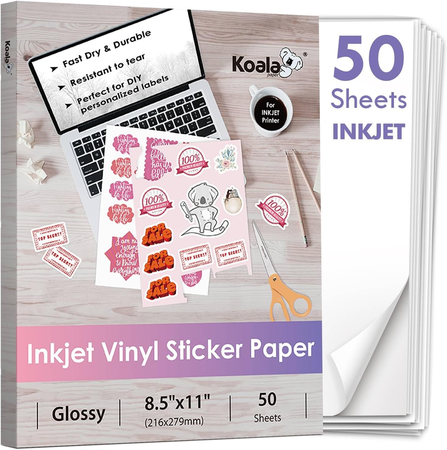 Koala Printable Vinyl Adhesive Paper for Inkjet Printers - 50 Sheets White Glossy Sticker Paper, Waterproof Sticker Printer Paper, 8.5 x 11 Inch, Tear Resistant, Removable
