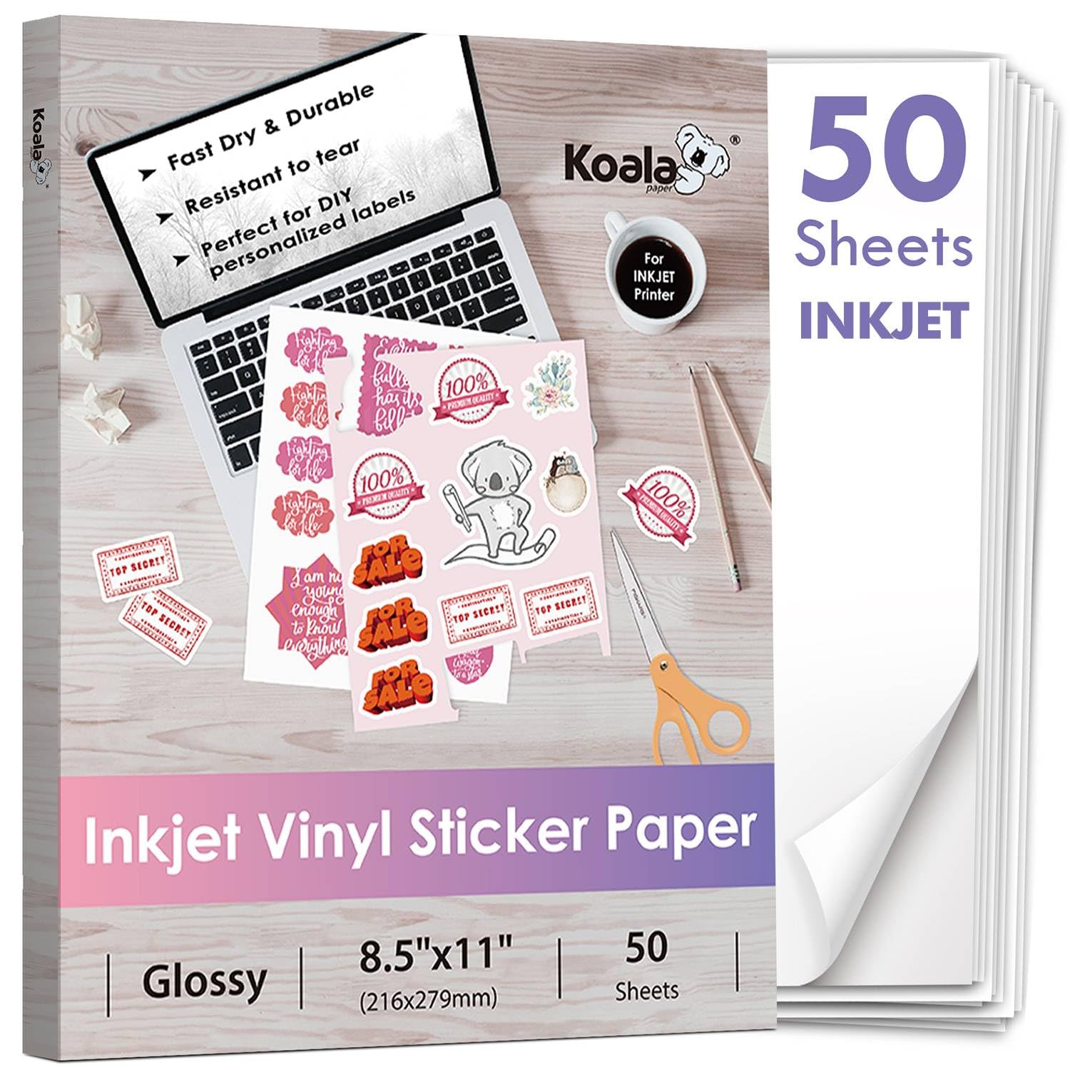 KOALA PAPER Printable Vinyl Sticker for Inkjet Printer - 50 Sheets White Glossy Sticker , Waterproof Sticker Printer 8.5x11 Inch, Tear-Resistant, Removable