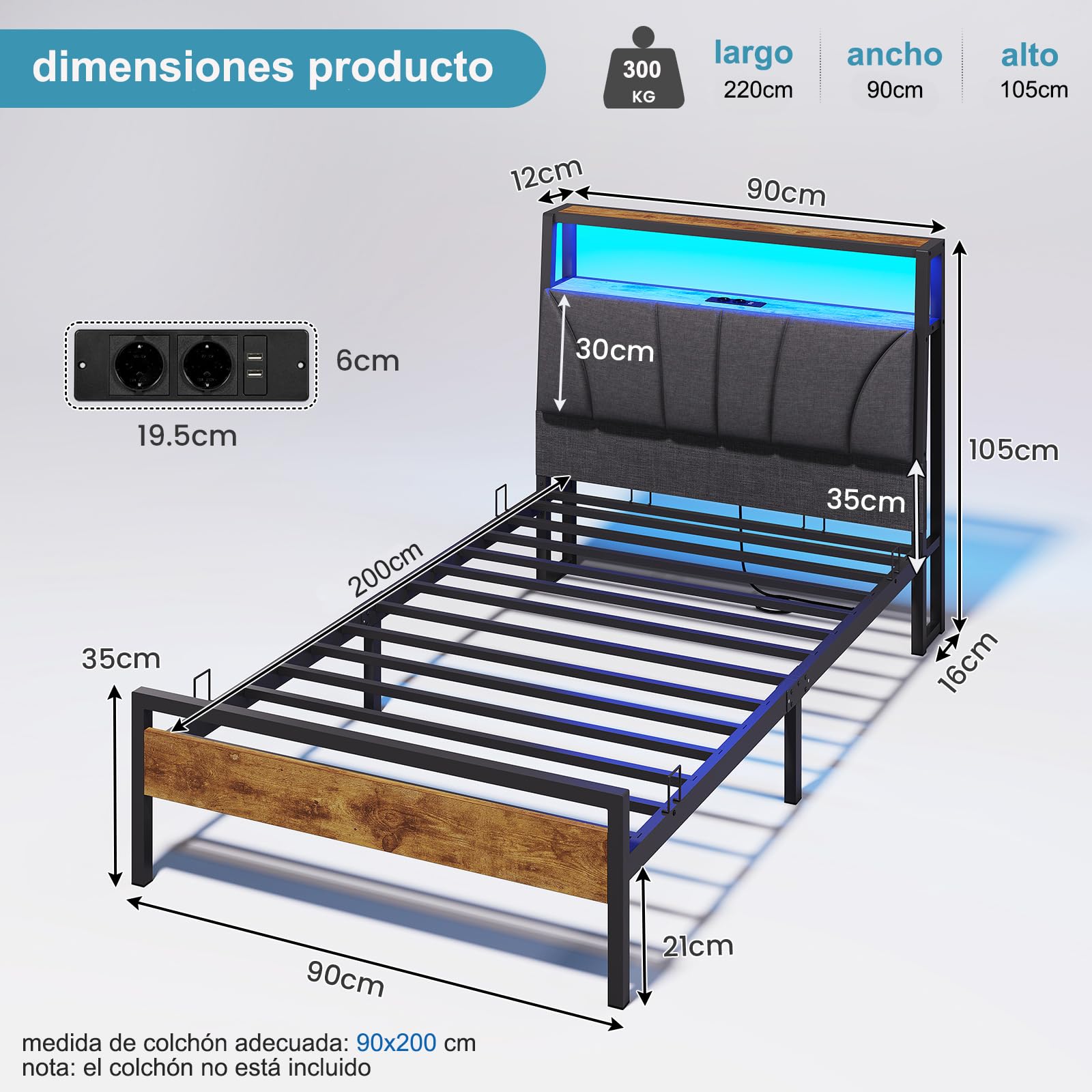 Brinlawb Cama 90x200 cm con regleta de enchufes integrada (2 Tomas de Corriente AC y 2 Puertos USB) Tira de luz LED, Somier 90 x 200 cm, Cama Individual con Estructura de Metal y cabecero. Gris