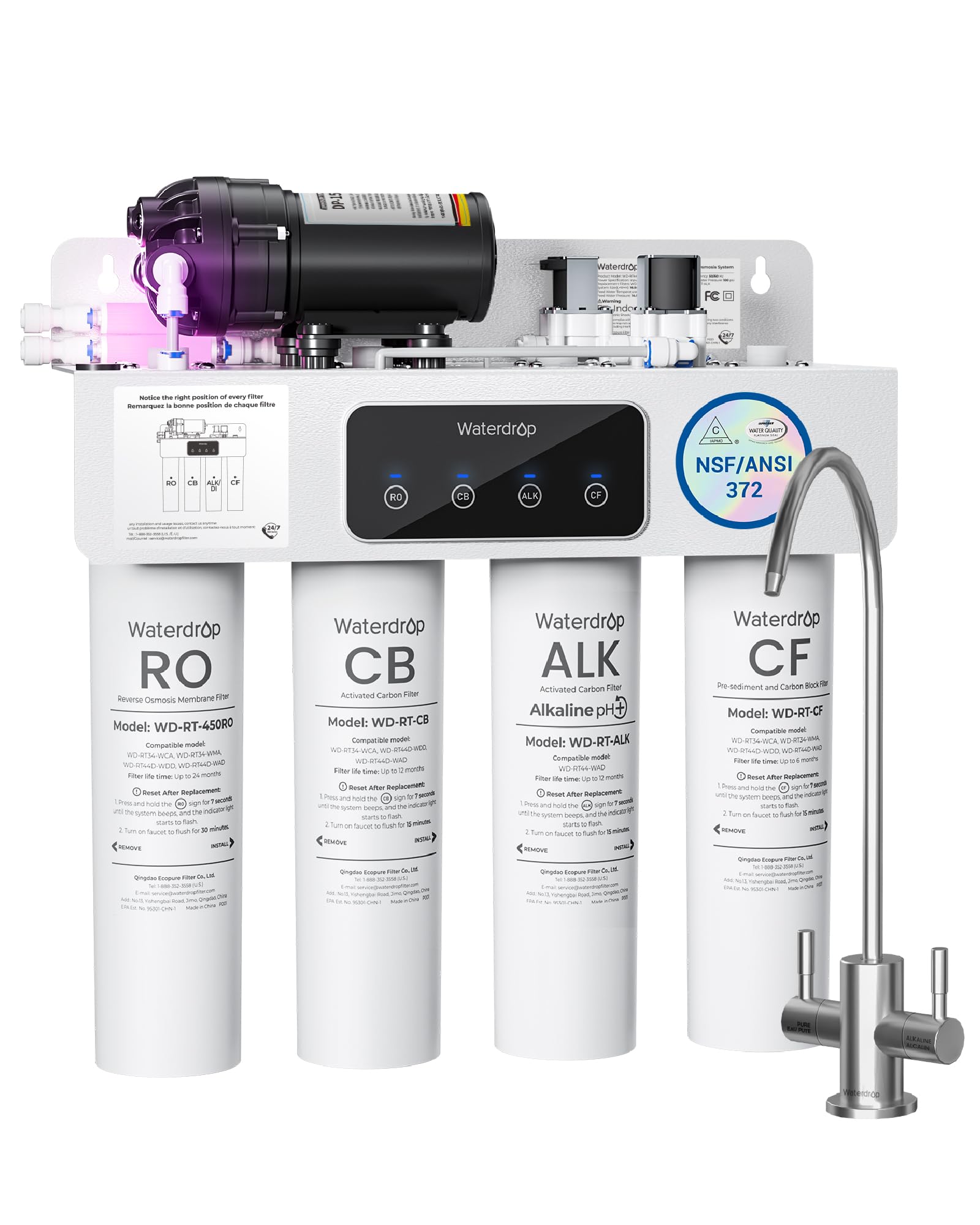 Waterdrop T4-A Sistema a Osmosi Inversa Alcalina pH+, Doppio Flusso, Certificato NSF/ANSI 372, Filtrazione a 10 Stadi, Sistema di Filtrazione Acqua RO Senza Serbatoio da 450 GPD