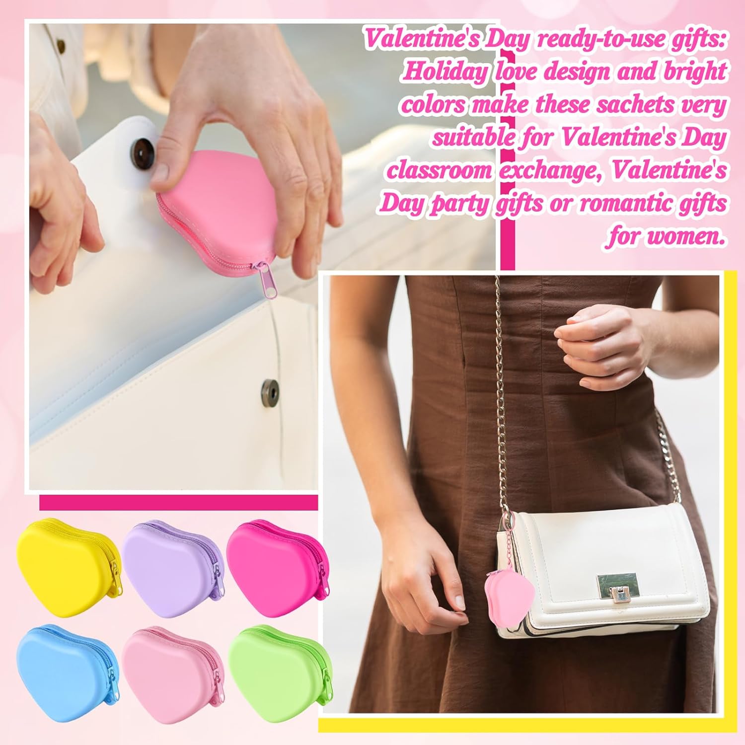 24 Set Valentines Day Heart Shaped Purse Silicone Pouch Coin Purse Small Change Wallets Cute Mini Bag with Keychain Zipper for Women Valentines Party Favors Exchange Gift Birthday Supplies - Image 2