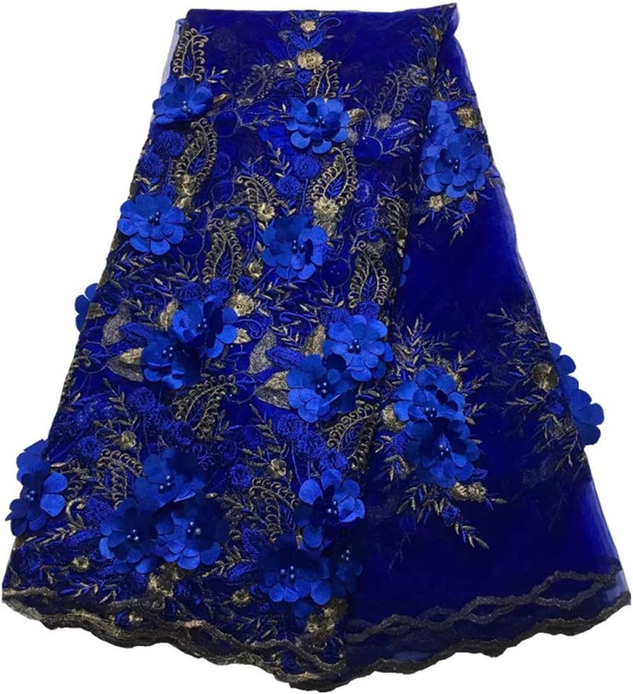 Milylace 5 Yards 3D Floral African Lace Fabric Nigerian Embroidered Mesh Lace Fabric with Beads for Wedding (Royal Blue)