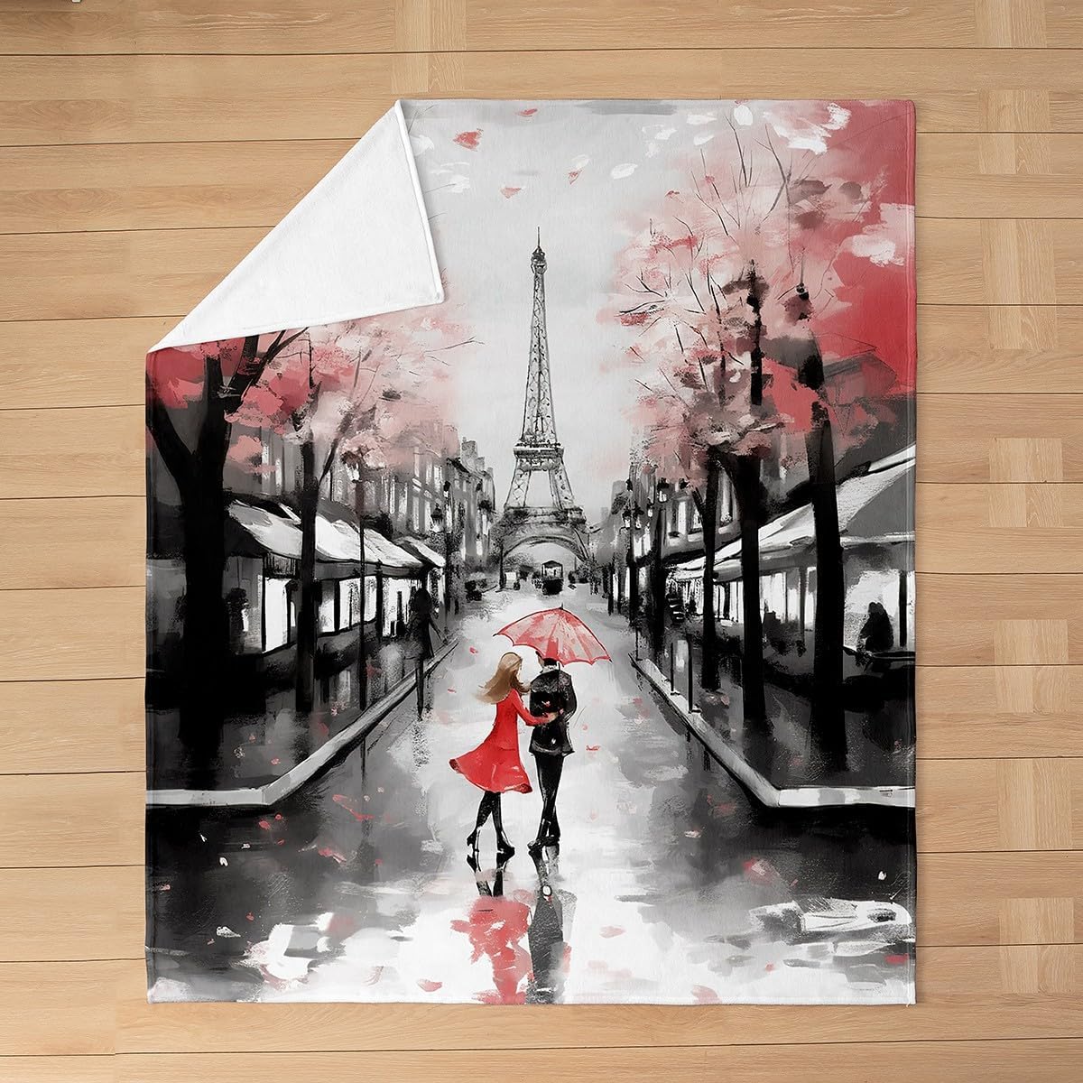 Eiffel Tower Flannel Fleece Throw Blanket,Paris Street Scenes All Season Bed Blanket Fuzzy Blanket For Bed Sofa Couch,Romantic Valentines Red Trip Design Bedroom Decor Plush Blanket Twin 60"x80"