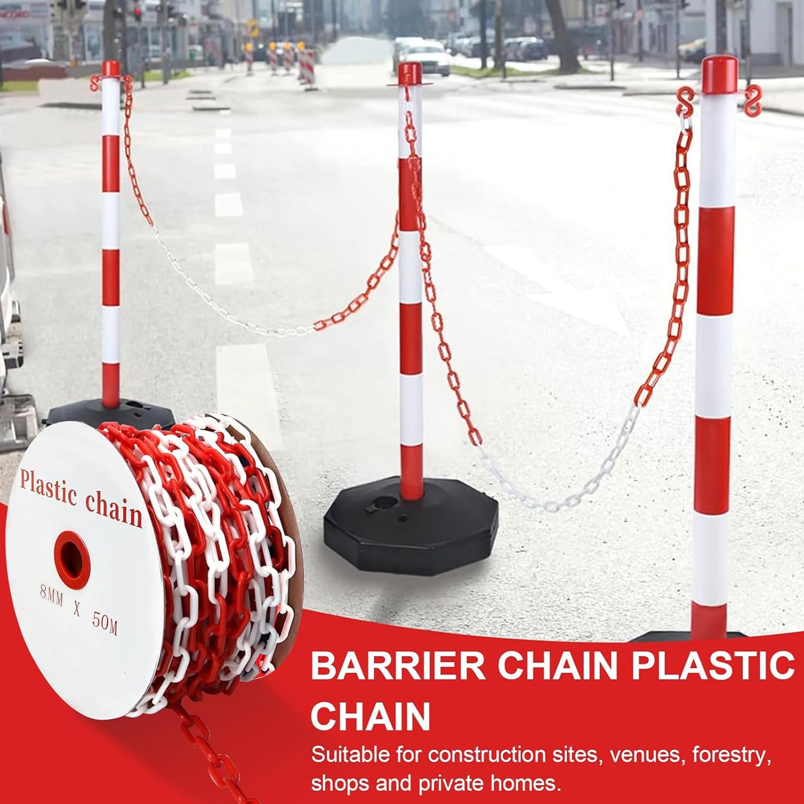 50 m Absperrkette Rot Weiß Kunststoffkette, 8mm Warnkette Plastikkett, Kunststoff Absperrkette mit 8 Karabinern für Barrieren in Auffahrten, Arbeitsplätzen und Garagen