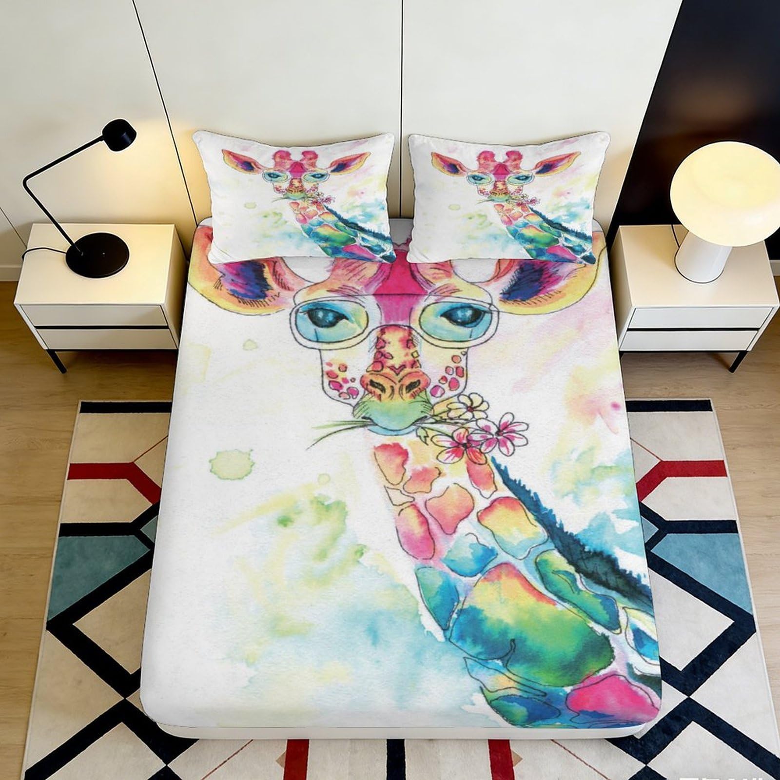 3D Printed vibrant giraffe Fitted Sheet, Microfiber soft touch, apartment bedding, wrinkle resistant, decorative bed cover for bedroom, guest room, easy care, dustproof, stylish accent 90x200x25cm