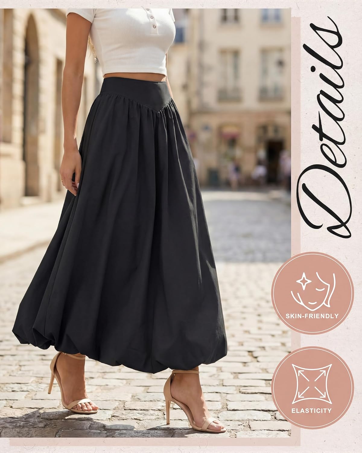 Women's Bubble Maxi Skirt Elastic Waist Puffy Hem A-line Long Skirt Pleated Flowy Balloon Long Skirts with Pockets - Image 3