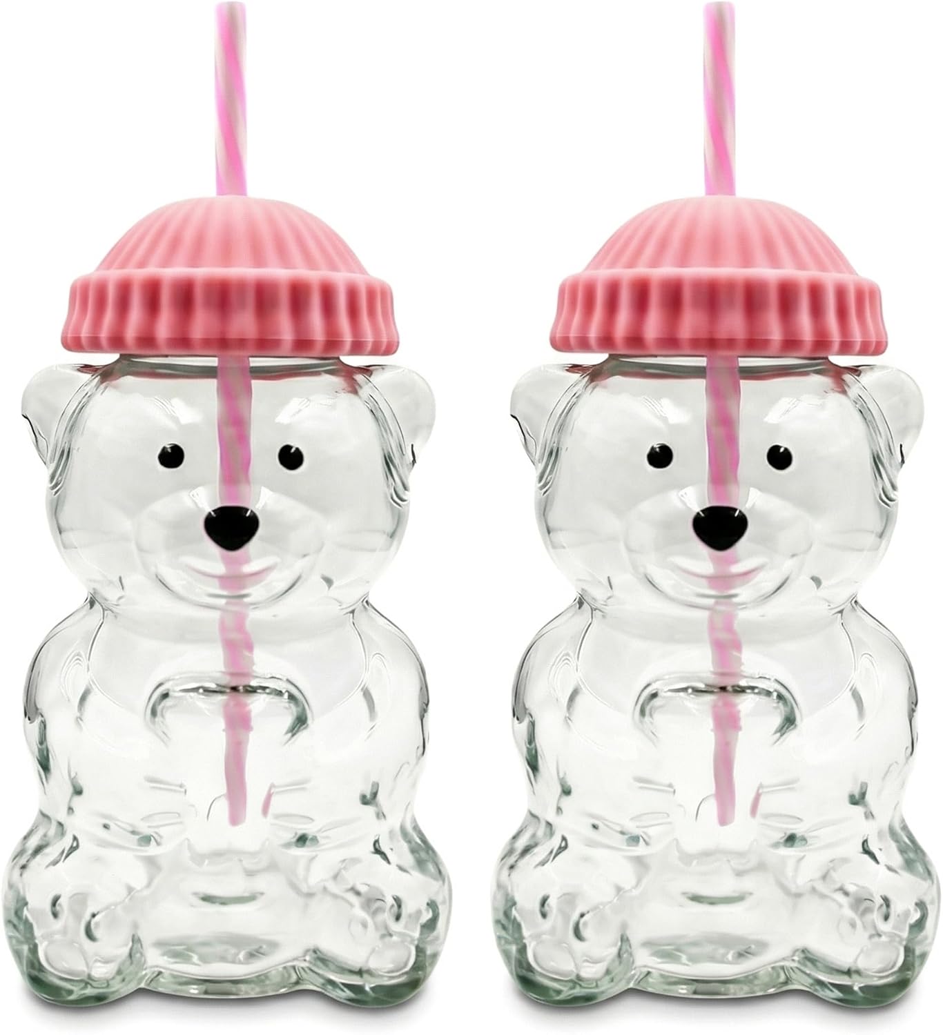（2 glasses） Bear Cup Bear Straw Cup, Cute Bears Glass Cup with Straw, 500ml Reusable Glass Tumbler with Lid for Iced Coffee, Milk Tea, and Cocktails, Dishwasher Safe (green+pink)