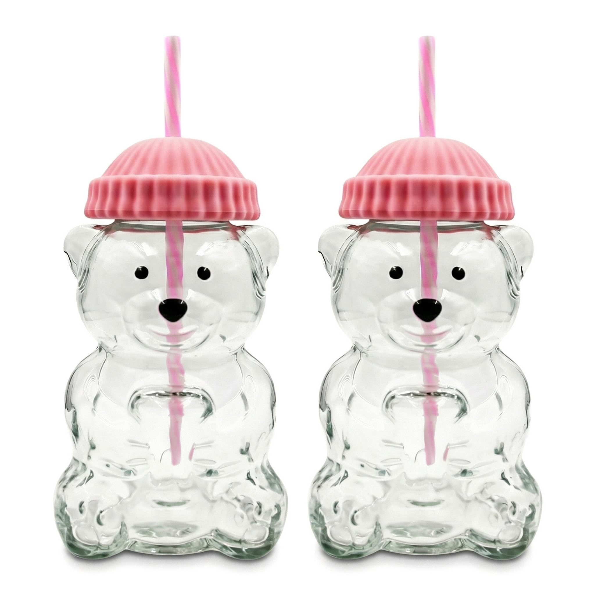 （2 glasses） Bear Cup Bear Straw Cup, Cute Bears Glass Cup with Straw, 500ml Reusable Glass Tumbler with Lid for Iced Coffee, Milk Tea, and Cocktails, Dishwasher Safe (pink(2 glasses))