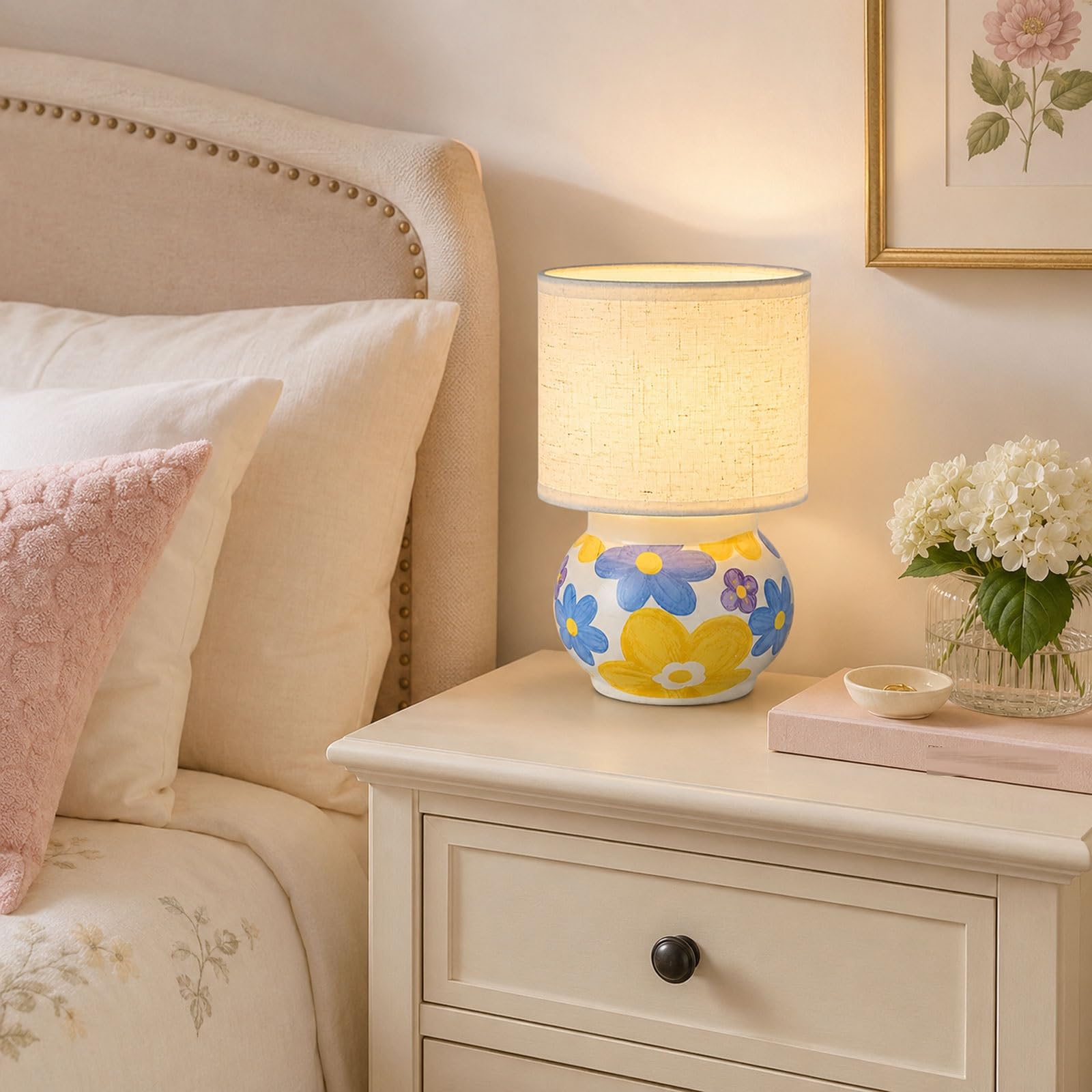 Ceramiczna lampa stołowa w kwiaty o przekątnej 7,9 cala, mała lampka nocna z abażurem z tkaniny