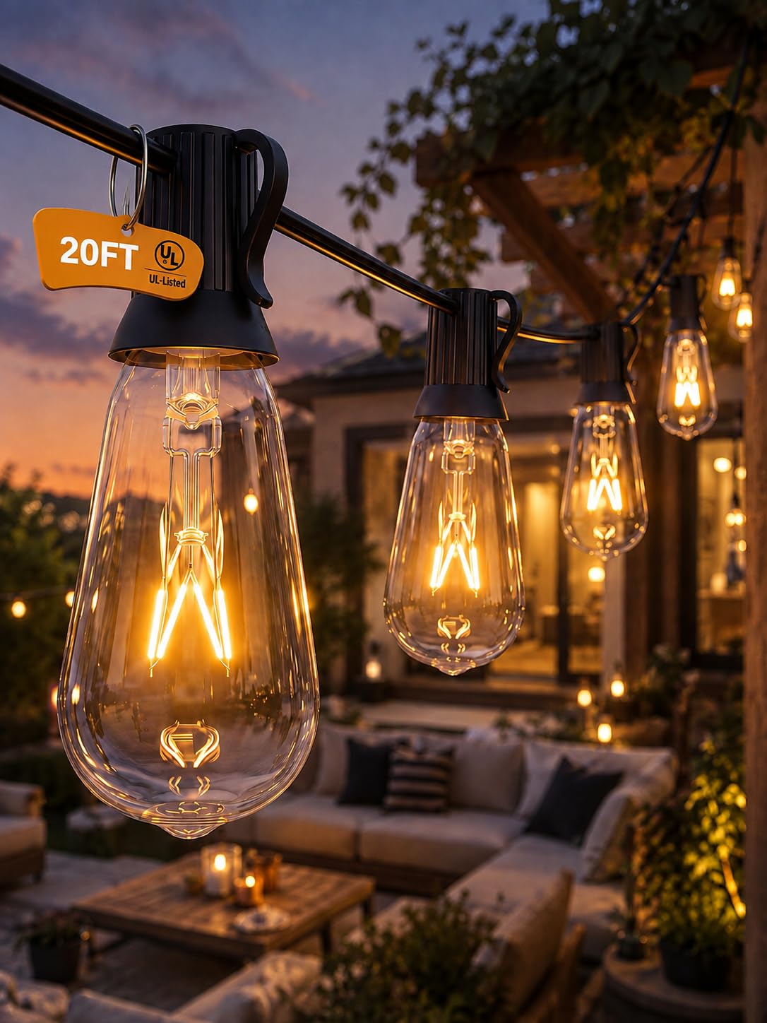Abeja 20FT Outdoor String Lights with 22 ST40 Edison Bulbs (2 Spare), 7W