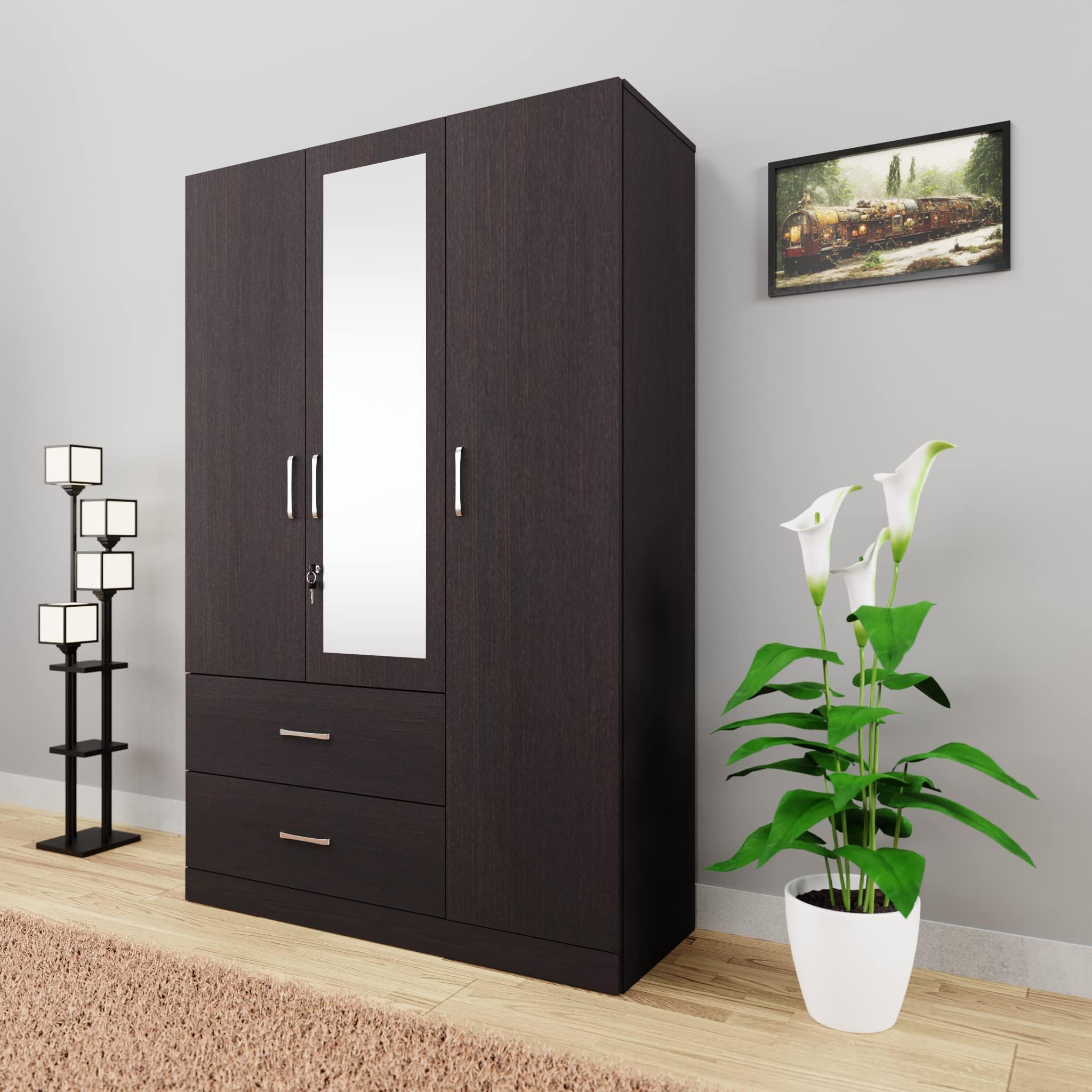 VIKI Wardrobe | Wooden Almirah for Clothes,Door for Bedroom, 3 Door Wardrobe with Drawer, Mirror & Hanging Space (Dark Wenge - 40D x 120W x 180H) | 1 Year Warranty | Free Assembly