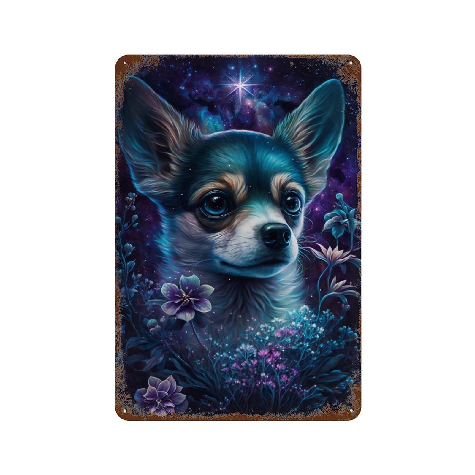 Garage Style Galactic Chihuahua with Flowers -1 Distressed Metal Wall Sign 11.8"x7.9", Rustic Home Decor for Bar And Workshop
