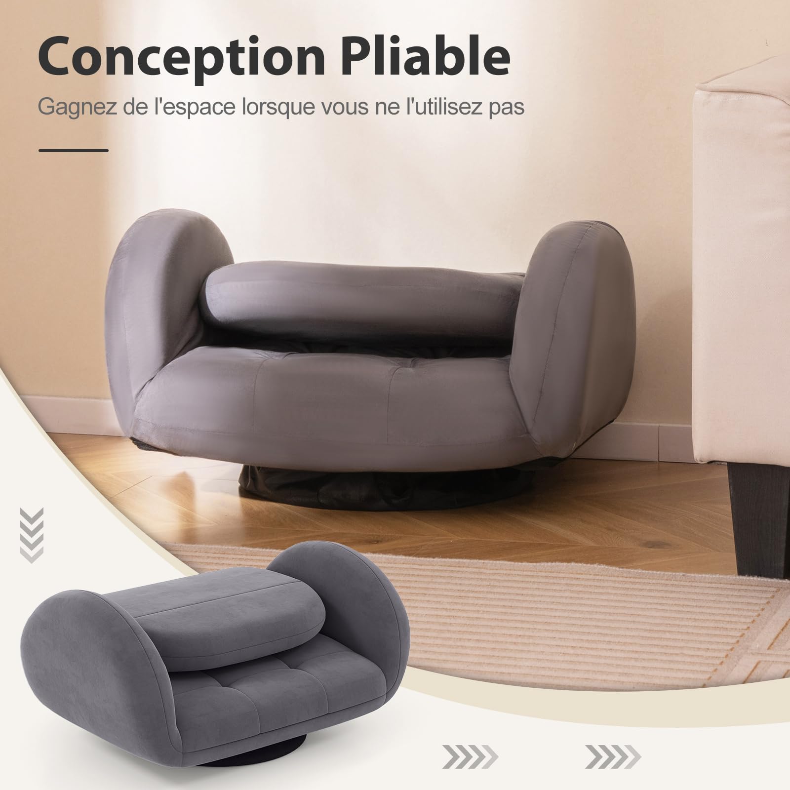 GOPLUS Chaise de Sol Pivotant, Chaise de Jeu Pliable avec Dossier Ajustable à 3 Positions et Accoudoirs Réglables à 5 Positions, Fauteuil pour Télévision, Lecture et Jeux, Gris