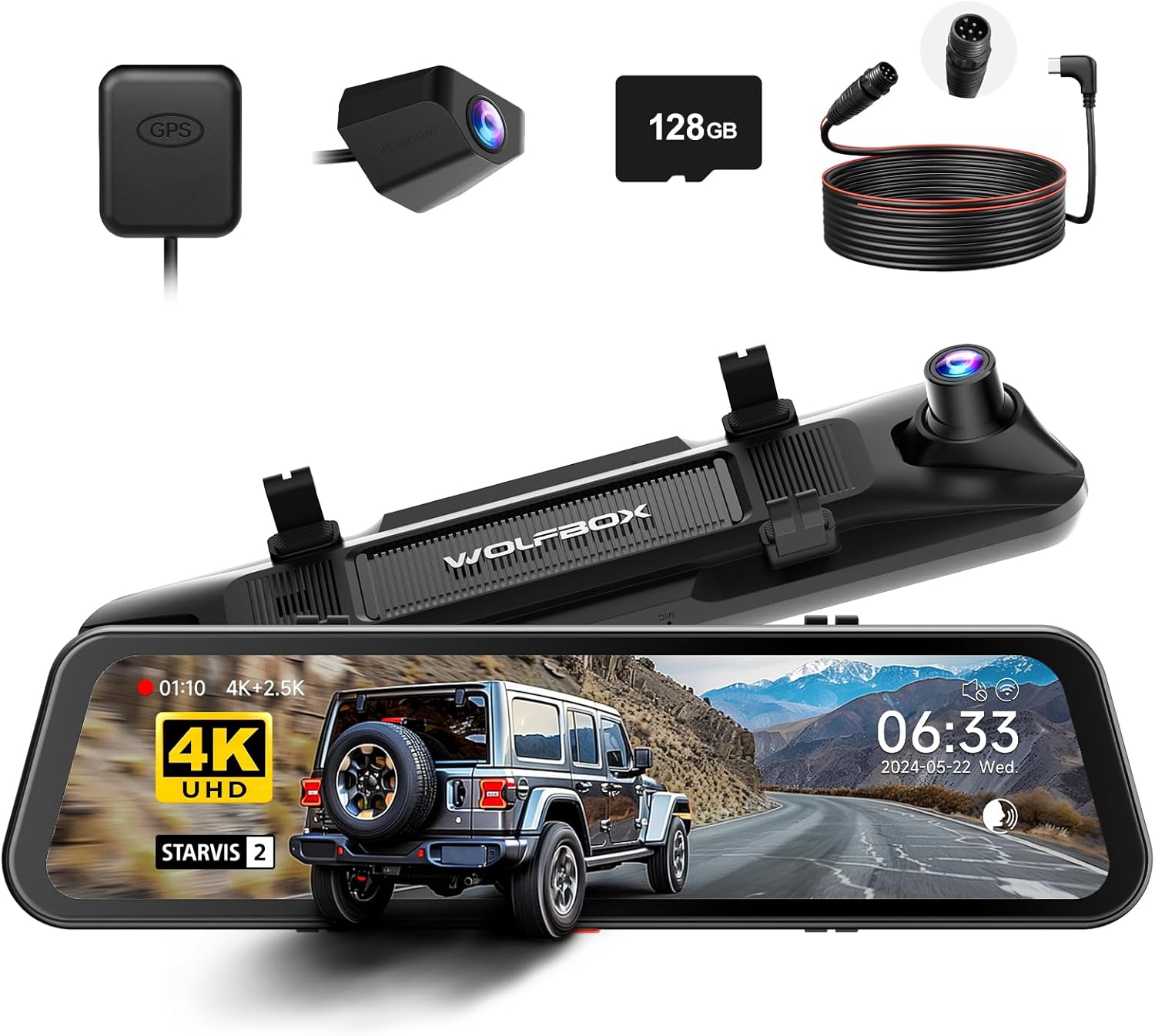 WOLFBOX G900 PRO Mirror Dash Cam & 33Feet Rear Camera Replacement Cable