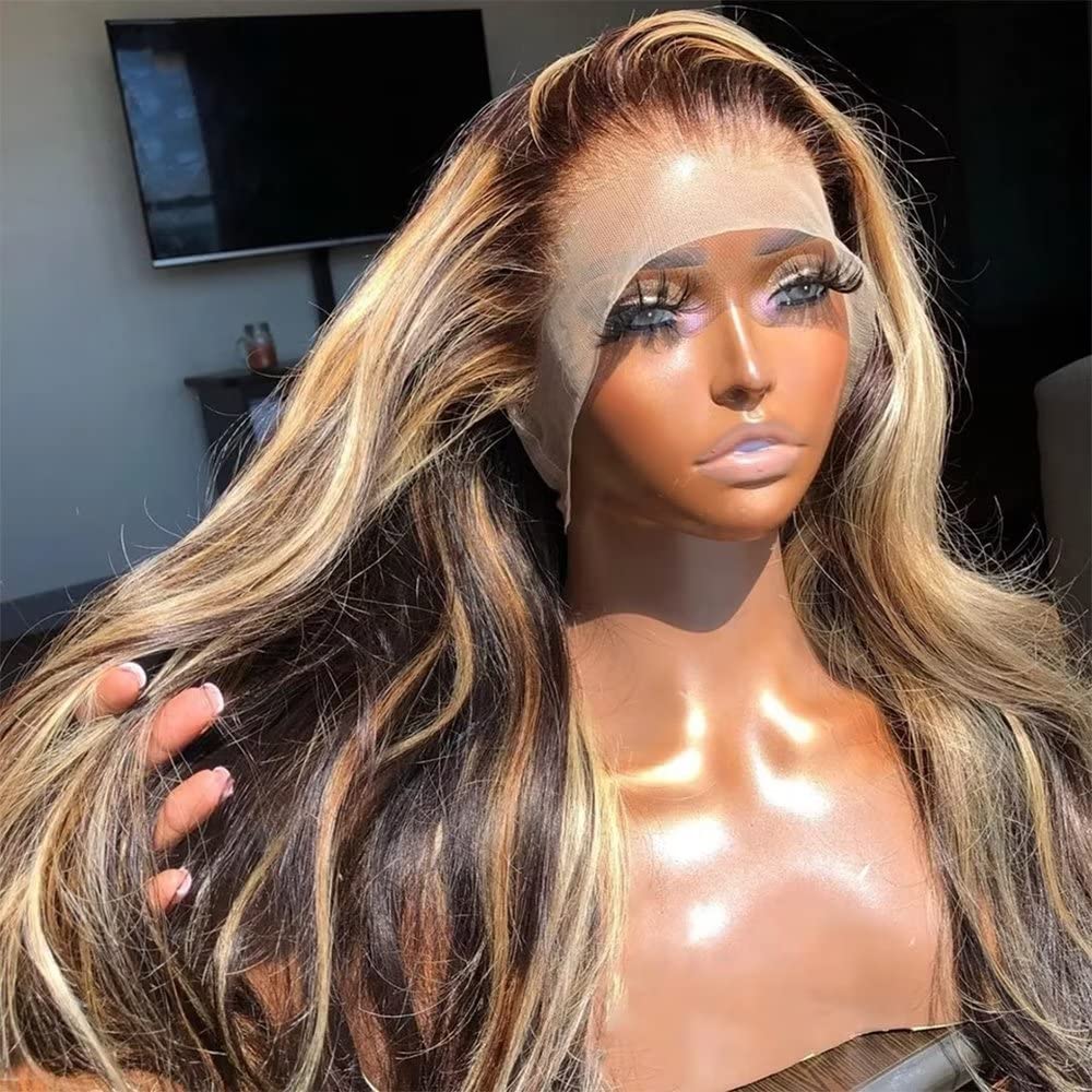 Highlight 1b/27 Color 360 HD Transparent Lace Front Human Hair Wig Honey Blonde Body Wave Human Hair Glueless Wigs 150% Density with Baby Hair Pre Plucked Natural Hairline Brazilian Hair 24inch