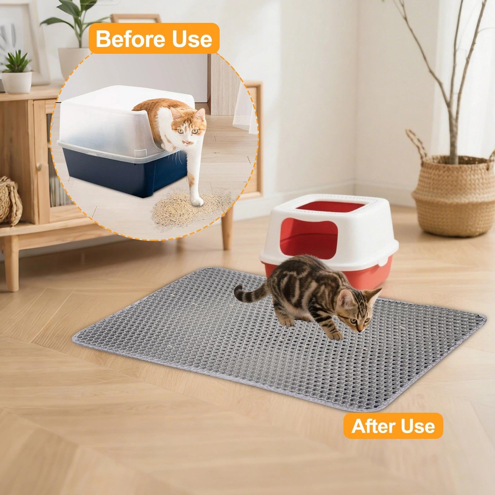 60cm × 90cm Alfombra Arenero Gato Doble Capa Plegable, Alfombrilla Impermeable, Fácil Limpiar, Arena Gatos Antideslizante, Diseño de Panal Abejas(Gris)