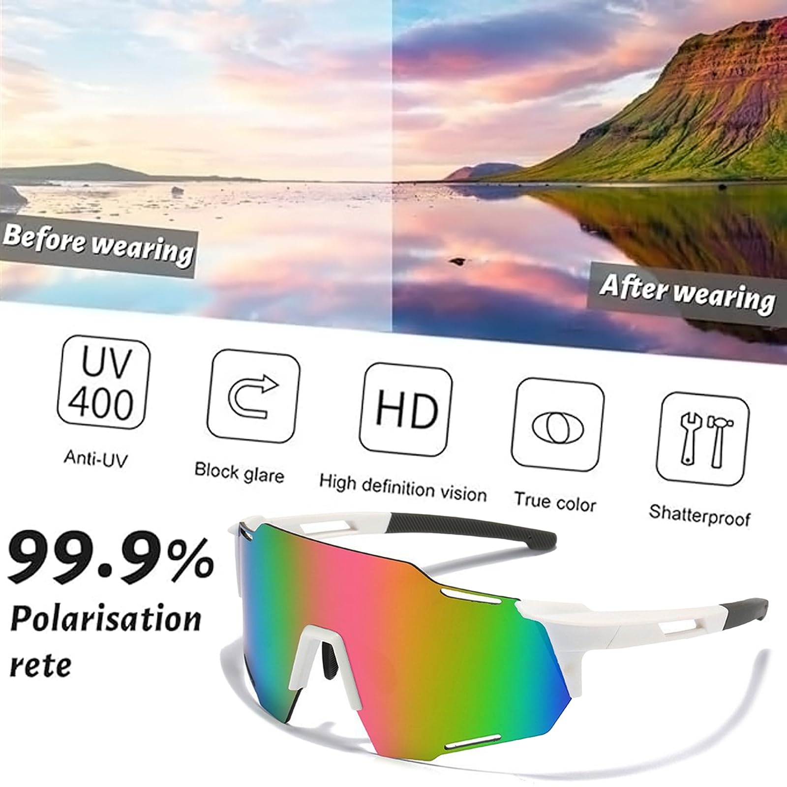 Lot de 2 Lunette de Soleil Sport Pour Homme et Femme, Lunettes de Vélo Polarisées, Protection UV400, pour Course à Pied Cyclisme Pêche Conduite Golf Ski