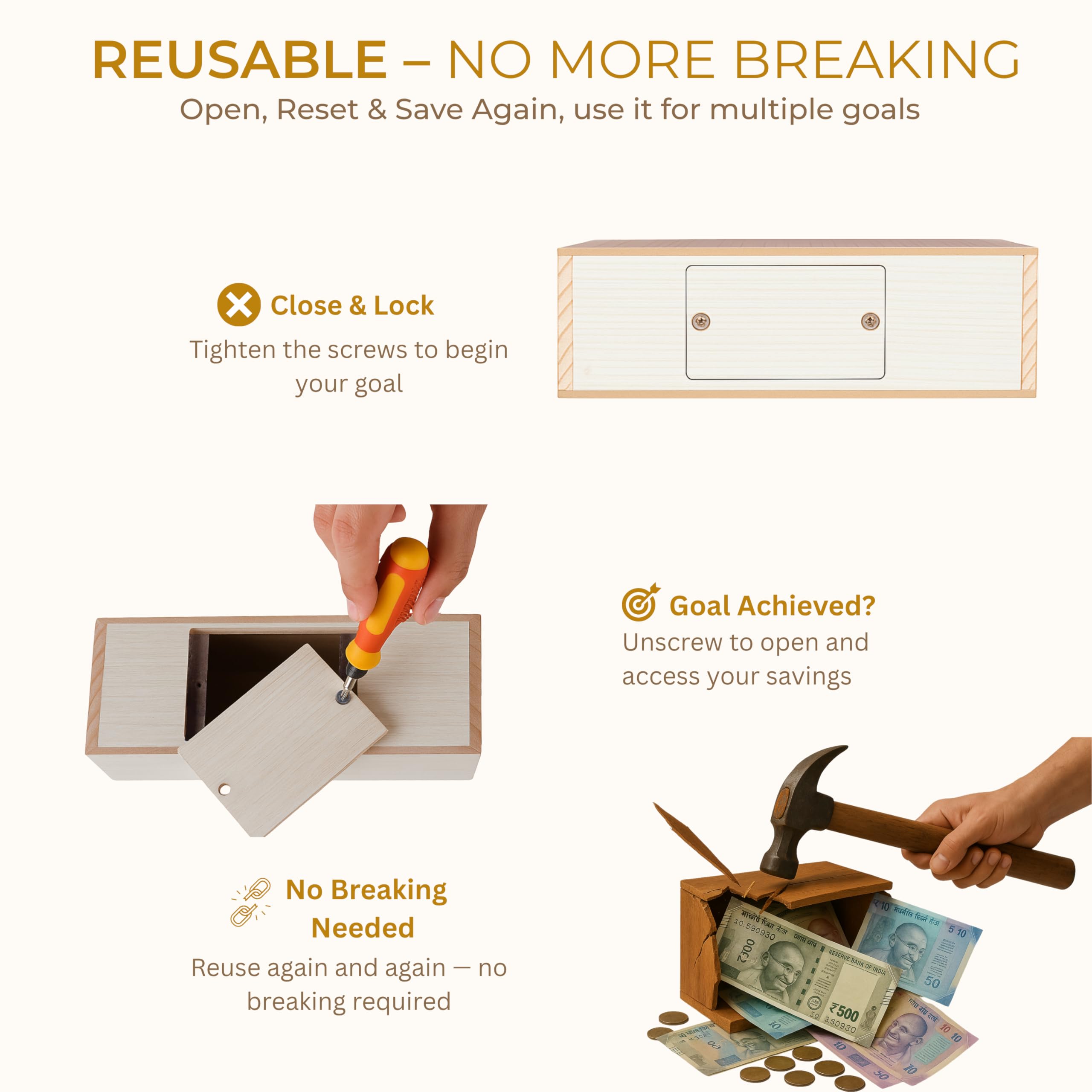 Unbreakable Wooden Money Saving Box for Adults – 1 Lakh Capacity | Reusable Piggy Bank | Money Bank with Amount 100000 | One Lakh Gullak, Kidddy Bank for Kids, Men, Women, Girls, Boys | 1 Yr Warranty 1