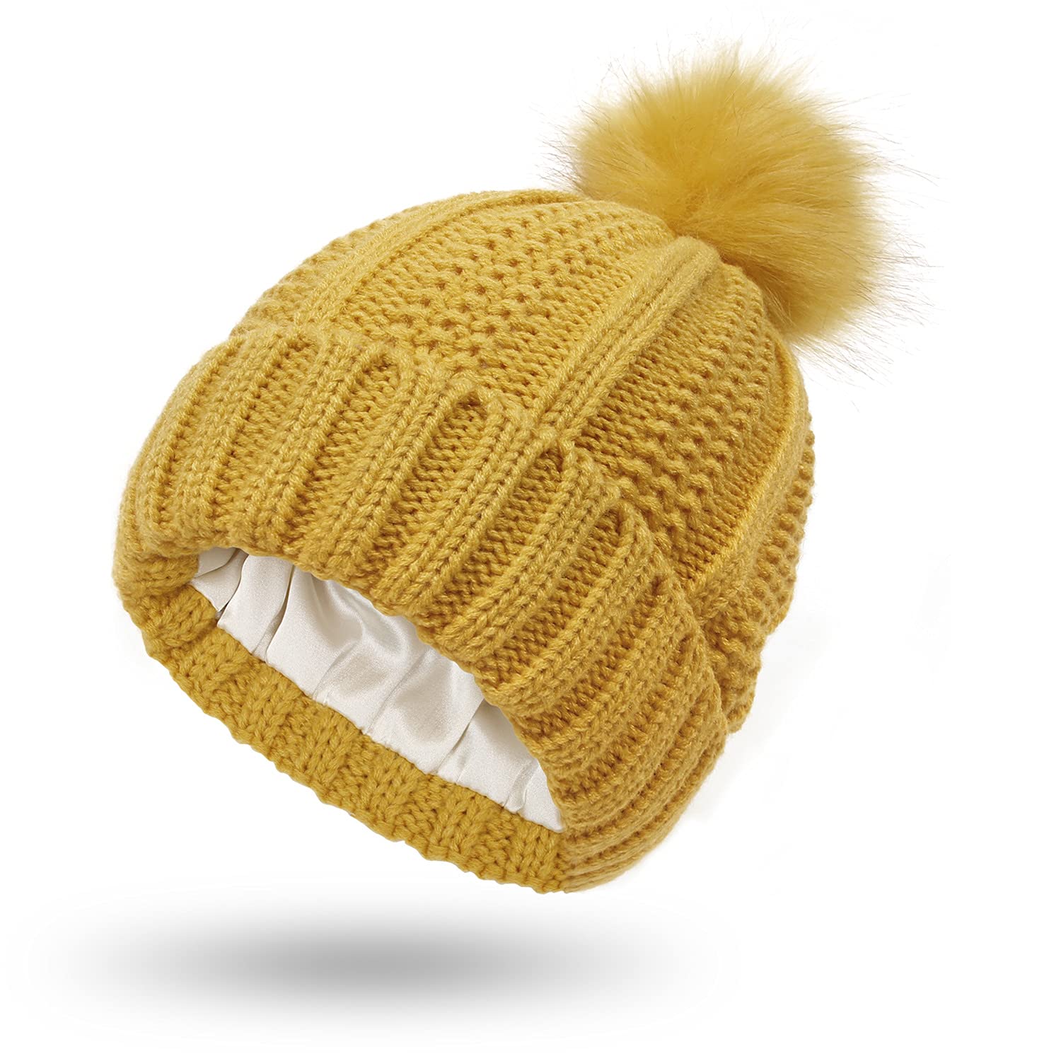 Camelliass Women's Yellow Knitted Beanie With Satin Lining Pom Pom Winter Warm Cap Bobble Hat (Yellow)