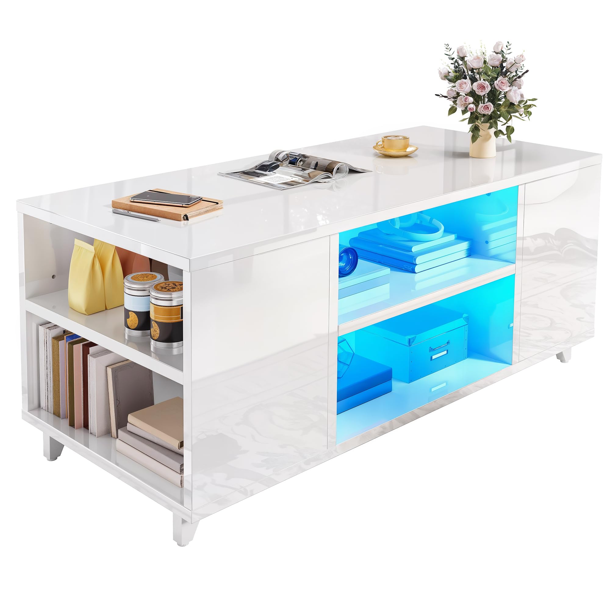 YITAHOME Mesa de Centro Moderna Brillante con Luz LED de 16 Colores, Mesa de Café para Salón con Estante Ajustable, Blanco, 97,5 x 48 x 45 cm