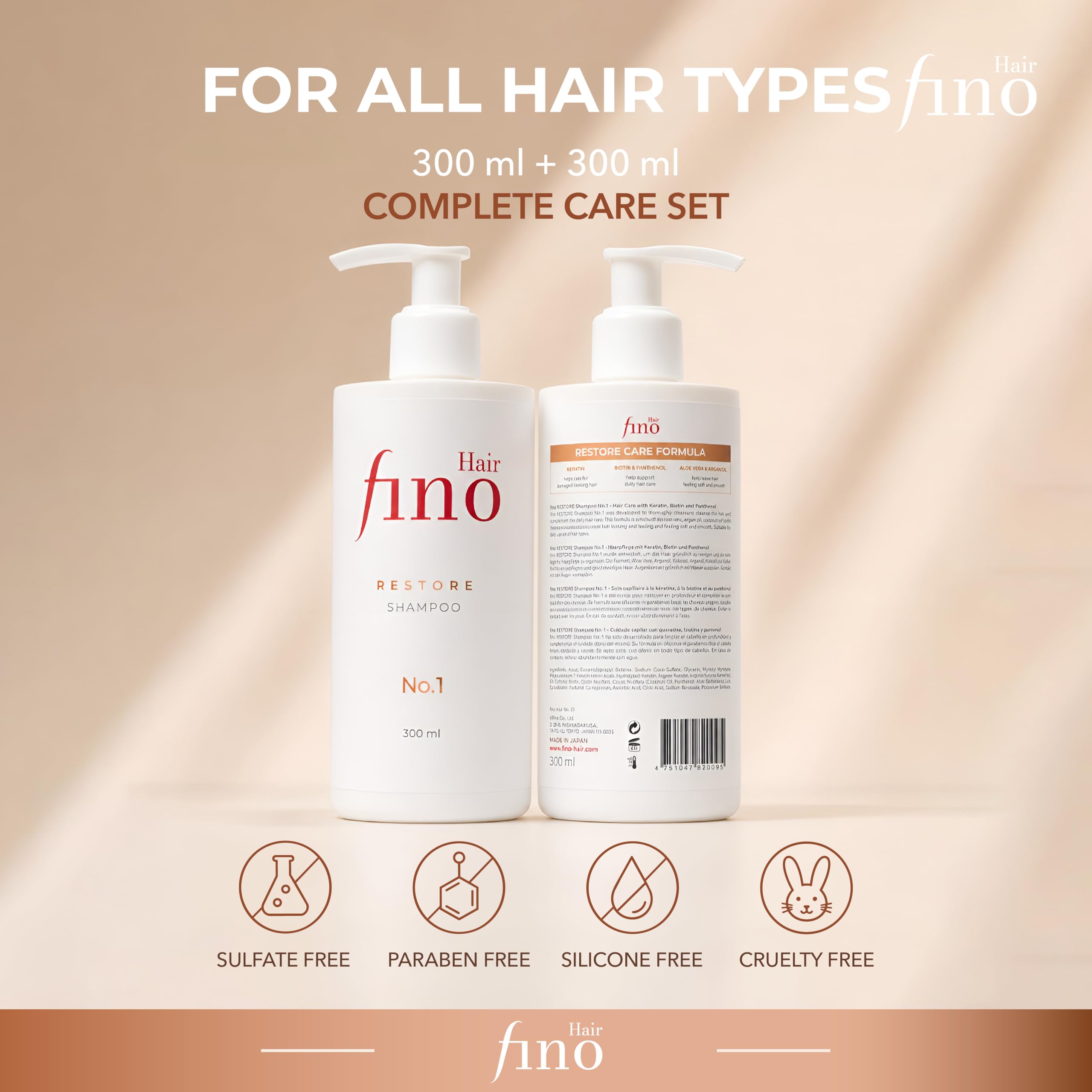 fino Hair Restore - Set shampoo e balsamo n. 1, shampoo e balsamo per capelli danneggiati, con cheratina, biotina e pantenolo, almeno il 97% di origine naturale, senza siliconi e parabeni
