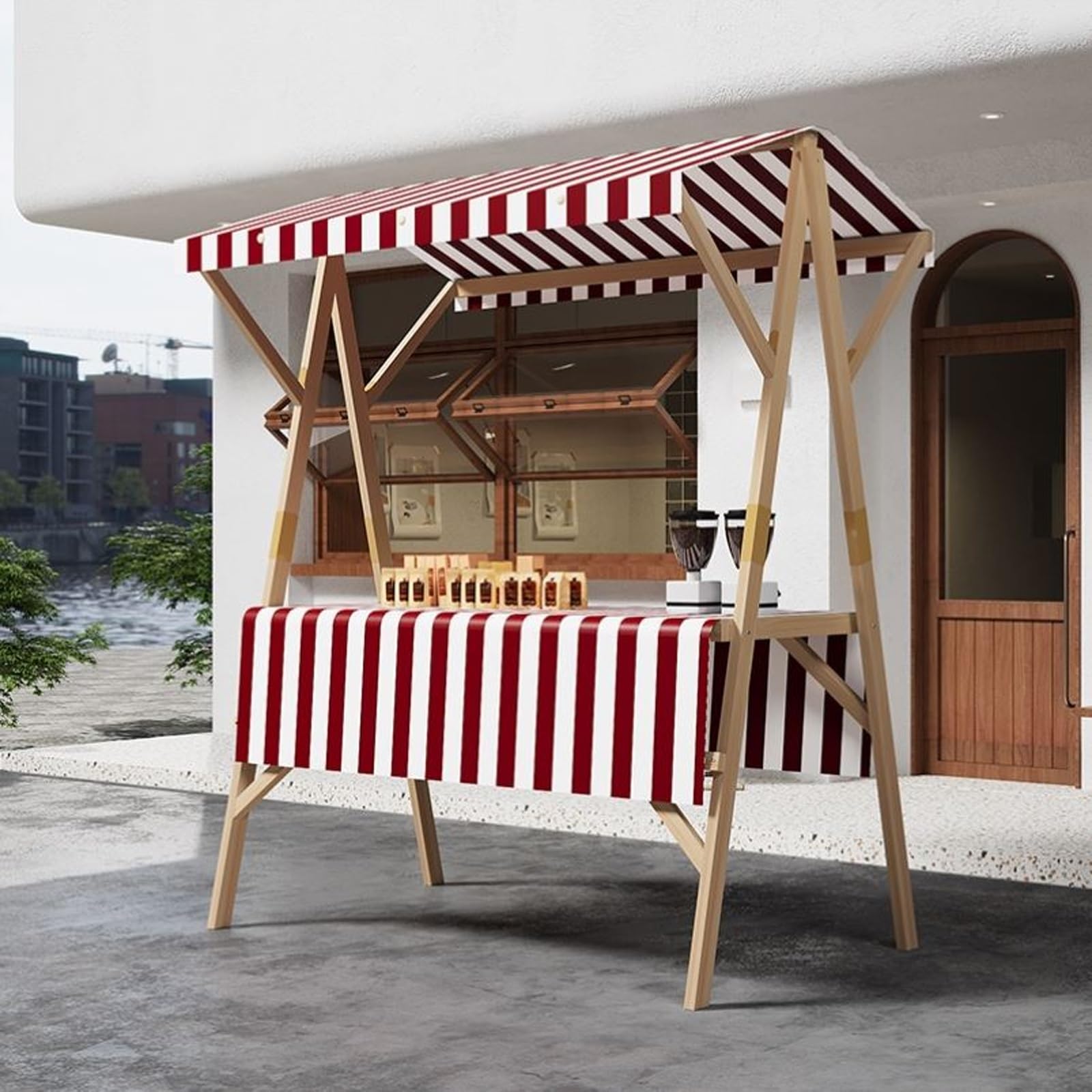 Questo Carrello per Alimenti con tettoia - 150 cm, Stand da Mercato su Ruote, Perfetto per Giocattoli, Artigianato, Fiori e pasti Caldi - Rosso, Versatile per Esterni