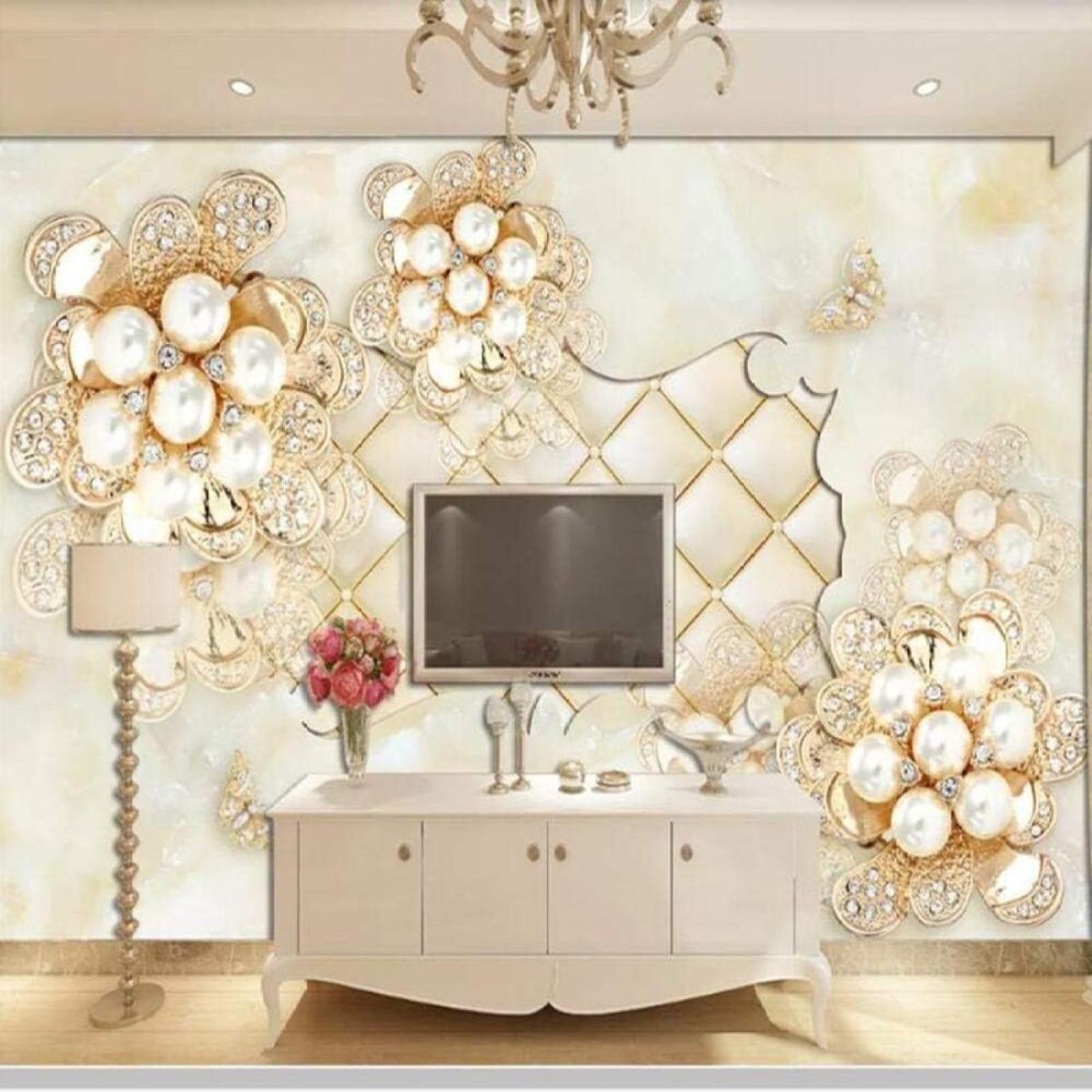 Papel pintado 3D de flores y perlas XLMING para pared de salón 350x256 cm