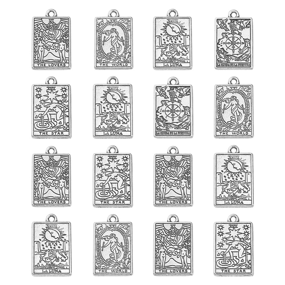 Stiesy 50pcs 5 Styles Antique Tarot Card Charms Tibetan Silver Vintage Divination Card Dangle Charms for DIY Crafts Bracelet Jewelry Making