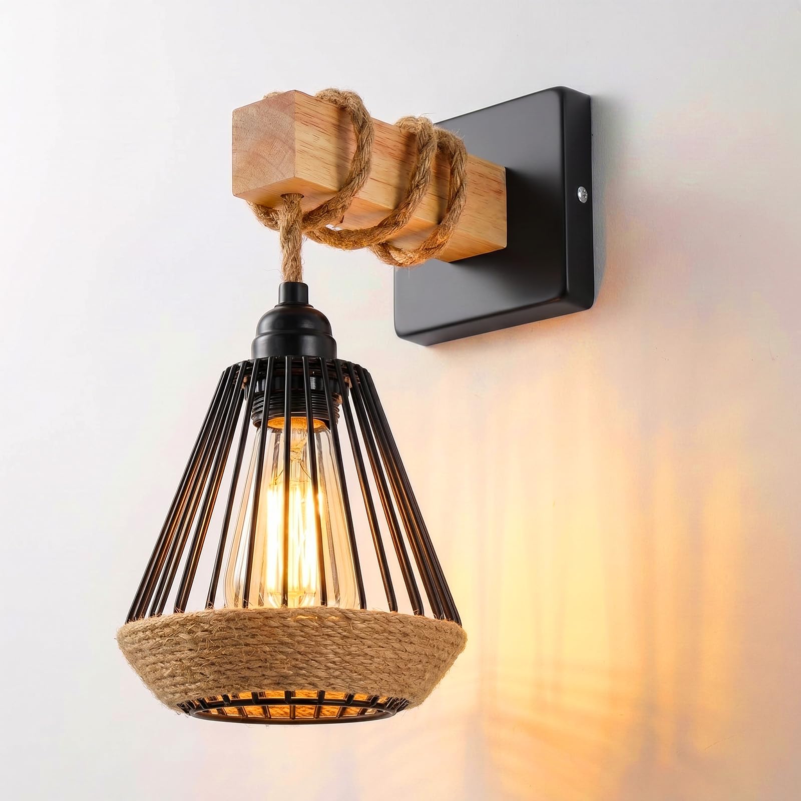Psatfito G Wall Lights Indoor, E27 Sconce Lights Vintage Wood Wall Lamp Black, Industrial Lights Fittings, Metal Cage Design Rustic Wall Lighting for Living Room Bedrooms Hallway