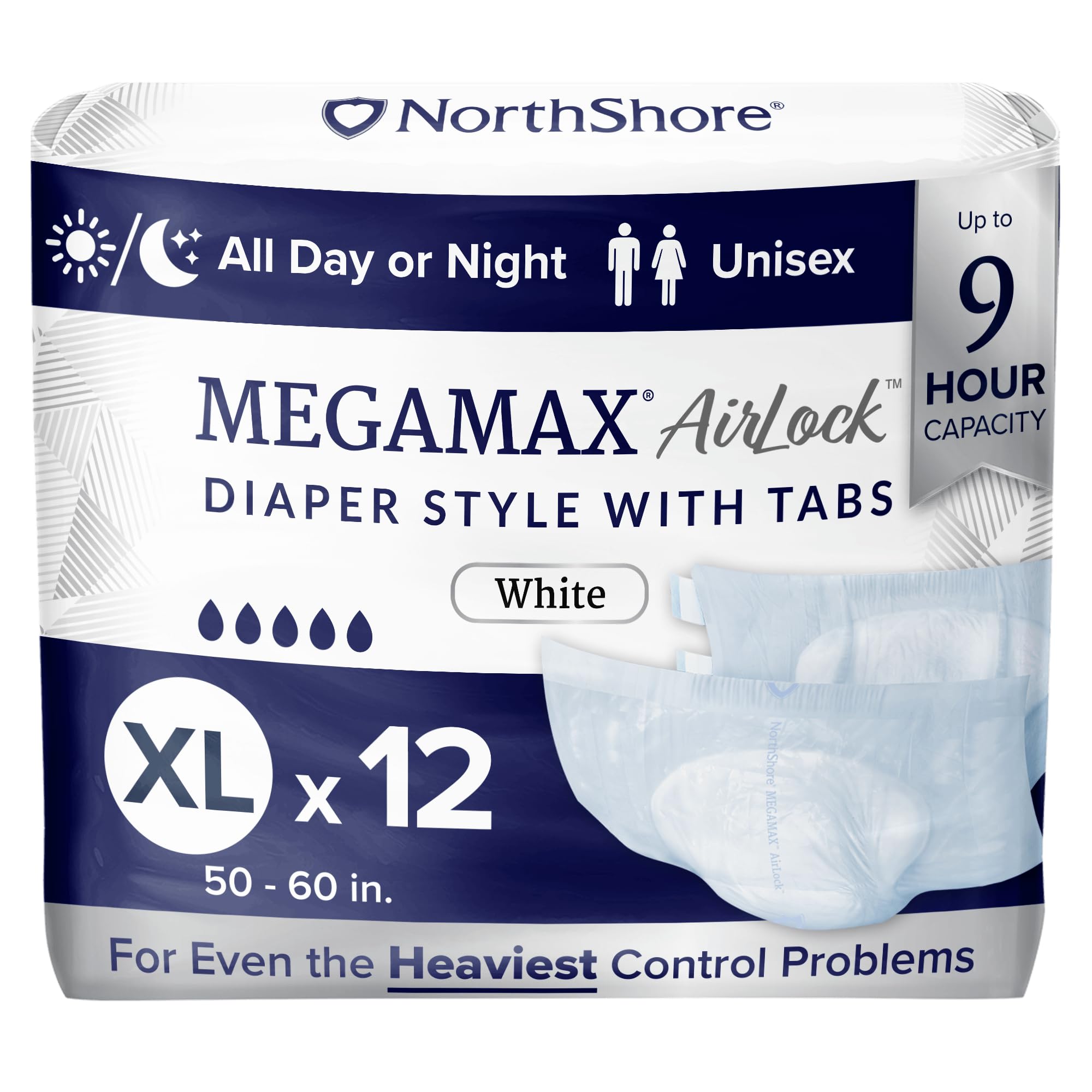 NorthShore MegaMax AirLock Breathable 9-Hour Heavy-Duty Tab-Style Adult Diapers, X-Large, 12 Count Bag, White, 50-60 inches, Unisex Incontinence Underwear