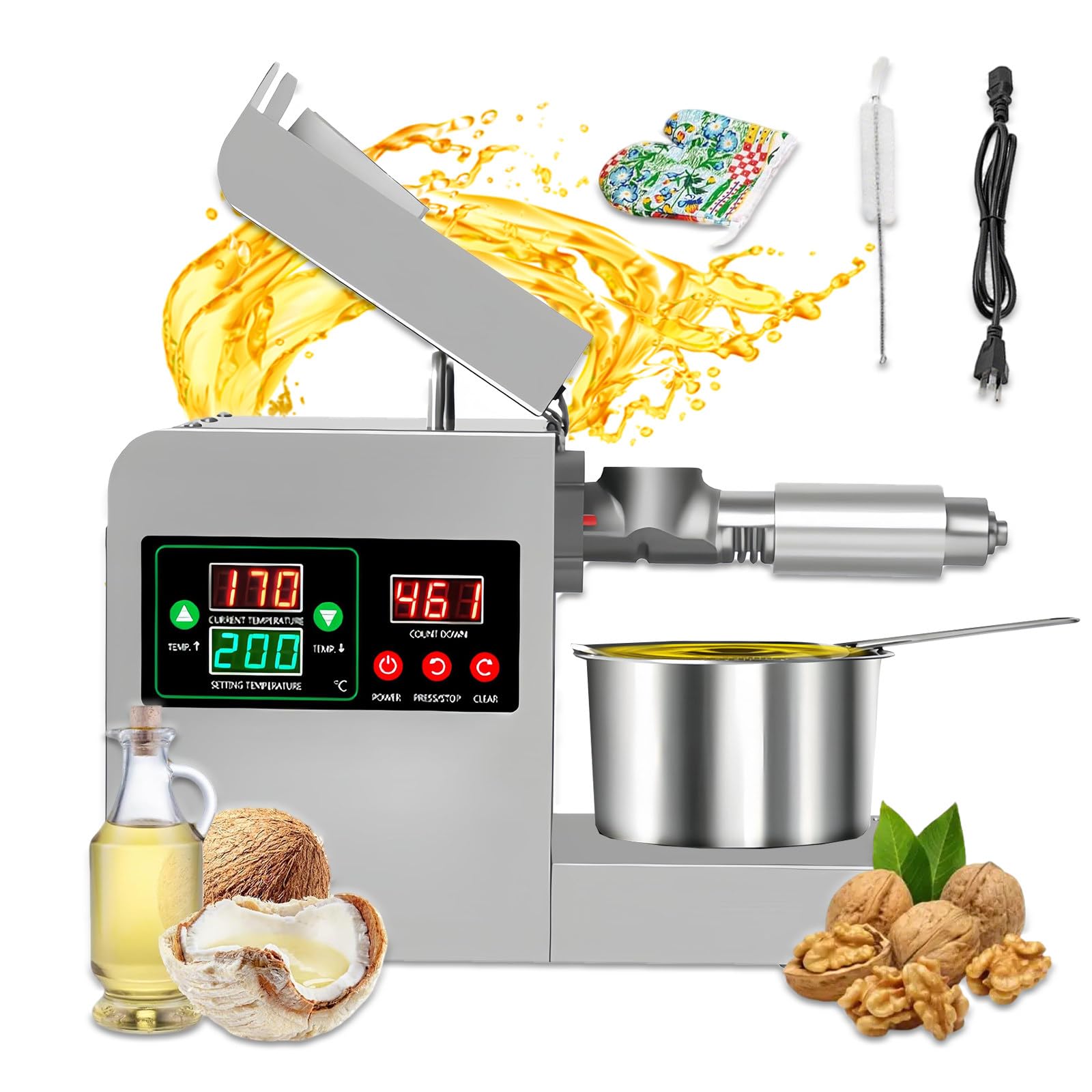 Automatyczna Prasa do Oleju na Zimno/Ciepło 820W, Technologia Slow-Squeeze Zachowuje Składniki, Stal Nierdzewna 304 Certyfikat FDA, do Domowej Kuchni Organicznej & Sklepów Zdrowia