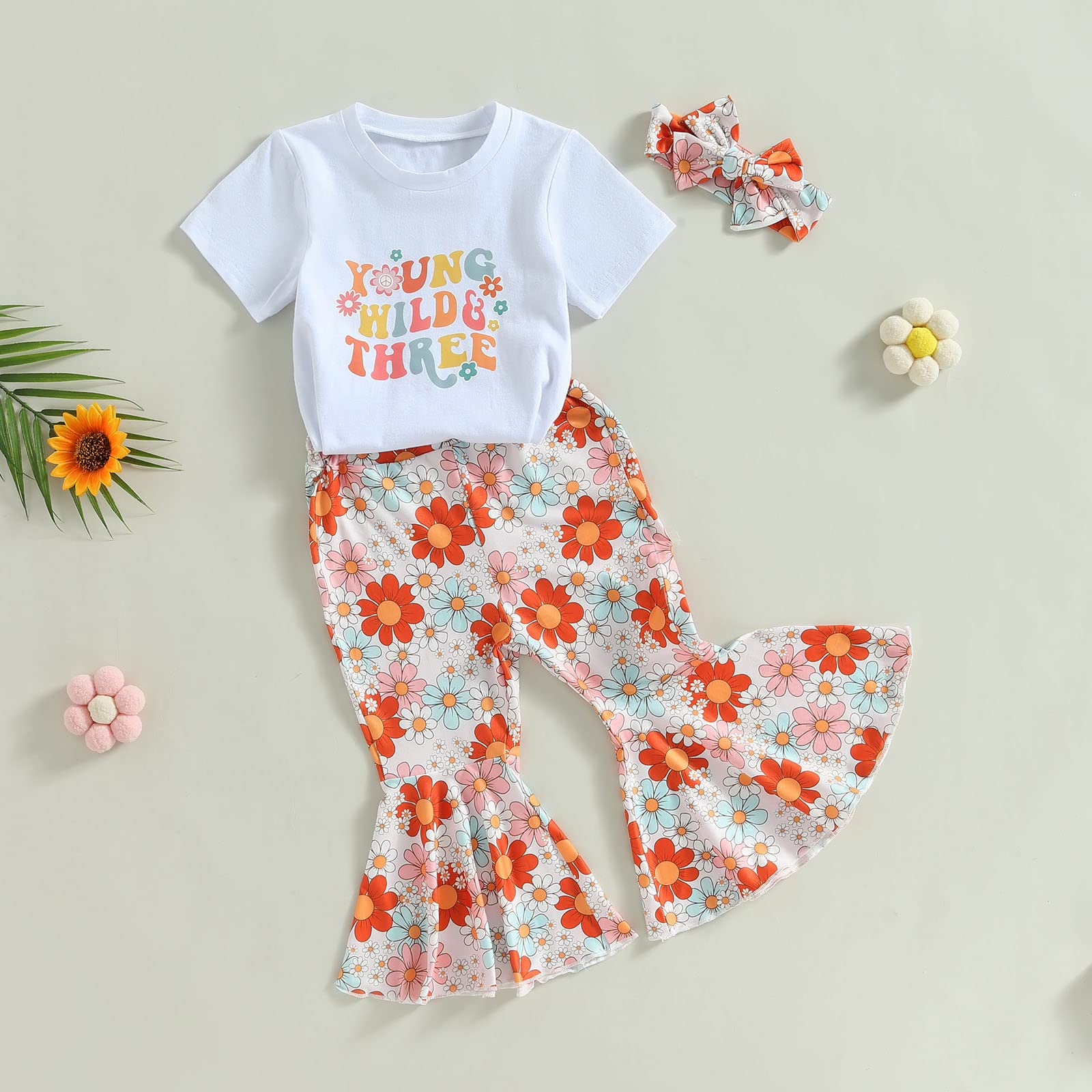SAYOO Conjunto de 3 piezas de verano para niñas pequeñas, conjunto de cumpleaños con letras y borlas, diseño floral, pantalones largos acampanados