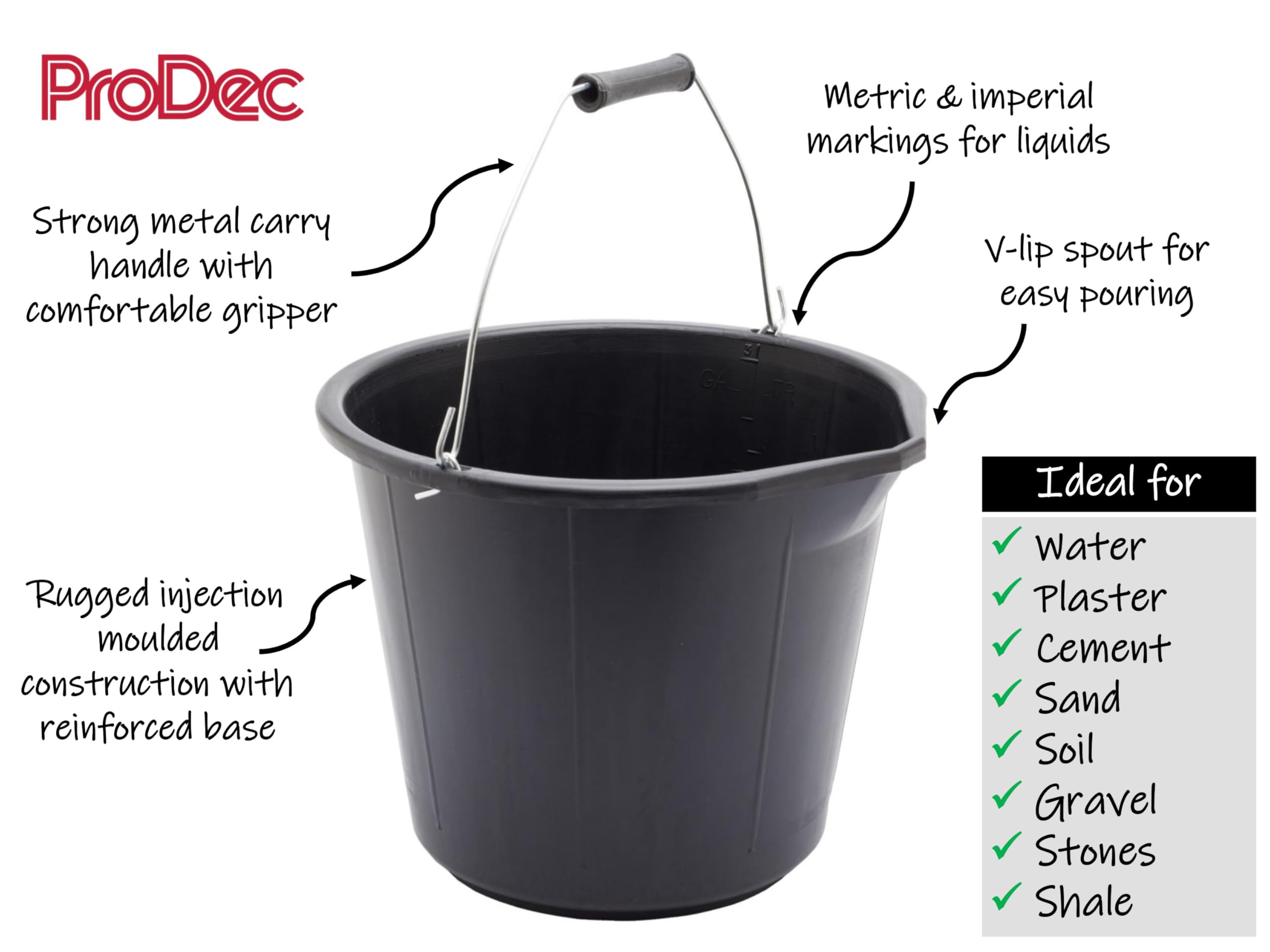 ProDec Cubo de plástico negro para trabajos pesados de 14 litros (3 galones), cubo para cemento y yeso, cubos para trabajos pesados, cubos negros