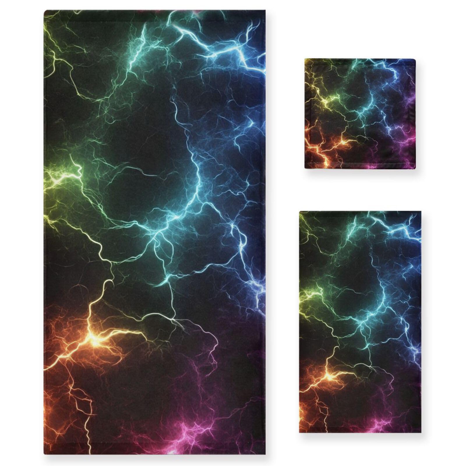 Set di 3 asciugamani da viso in microfibra colorati neri con fulmini, 1 asciugamano da bagno, 1 asciugamano per le mani, 1 panno per la casa, cucina e famiglia