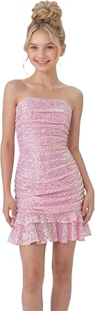 2Bunnies Tween Teen Sequin Strapless Tie Back Bow Ruched Bodycon Mini Party Dress