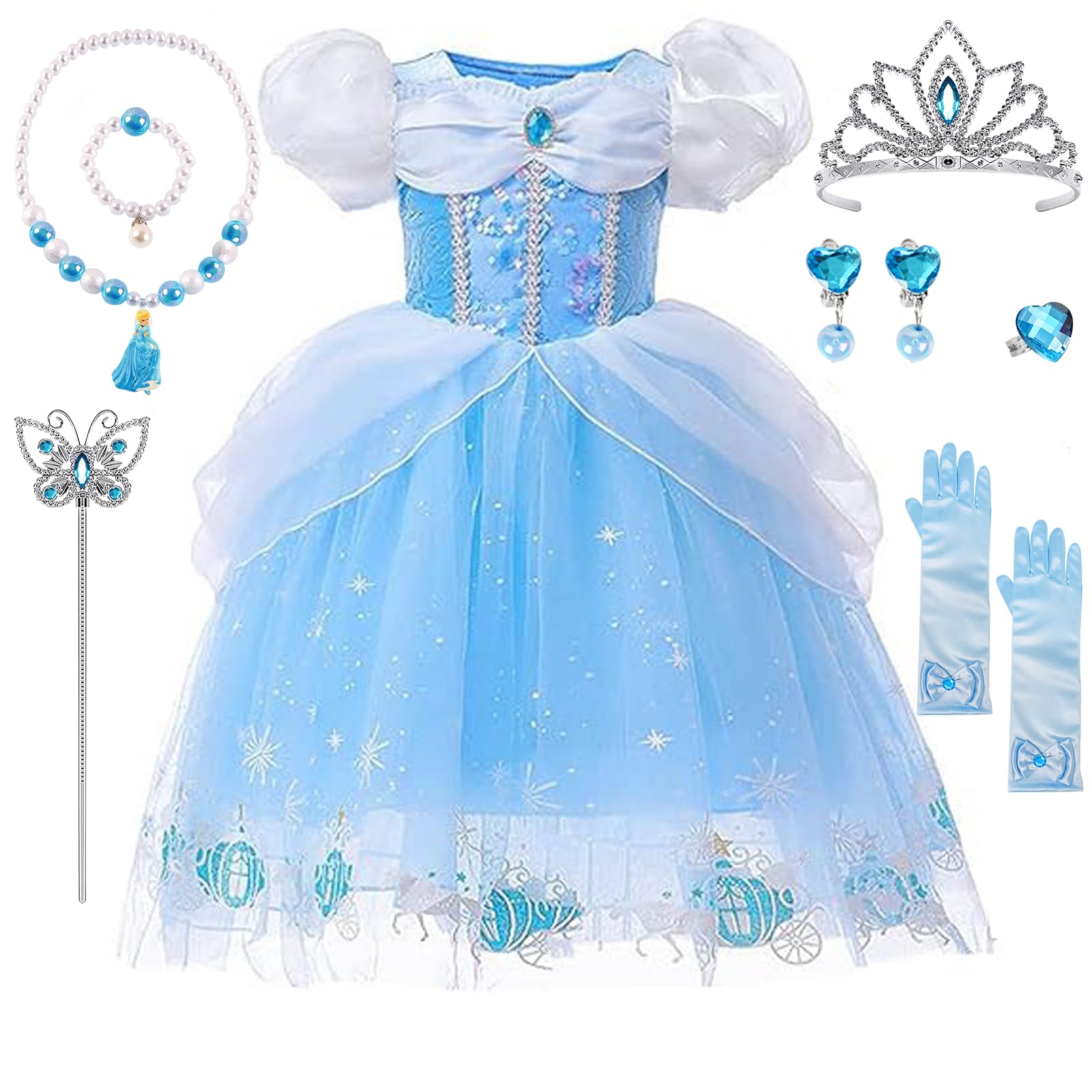 BIQIQI Princess Costume Halloween Clothing, Princess Dress Up with Crown Wand Earrings Necklace, Bracelet, Ring, Glove, Halloween Carnival Birthday Party Outfit