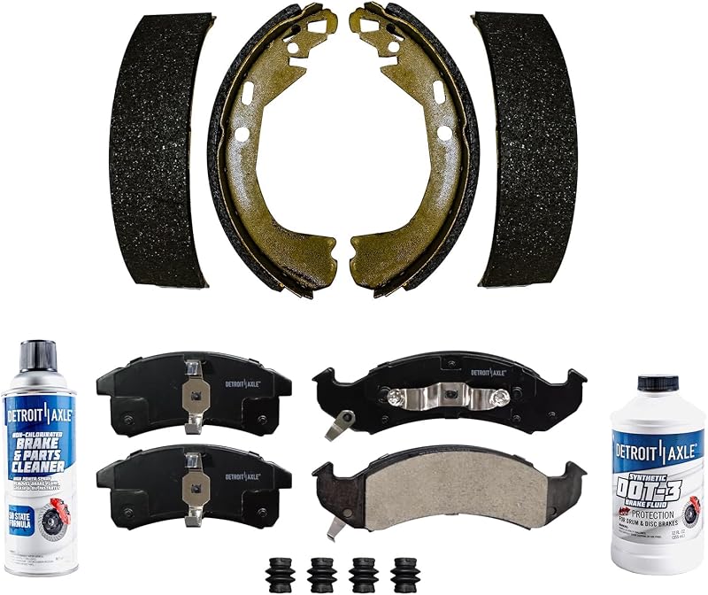 Kit de freio Detroit Axle com pastilhas cerâmicas dianteiras e sapatas traseiras para Chevrolet Lumina APV, Buick Park Avenue, Pontiac Trans Sport e Oldsmobile
