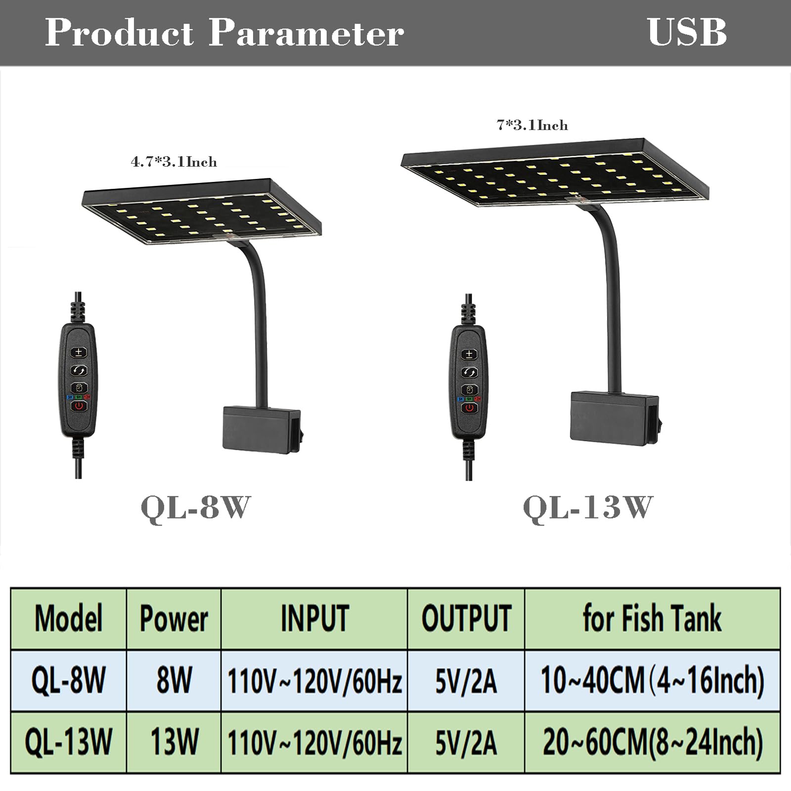 Carefree Fish Aquarium LED Light USB 5V RGBW 5730 Timmer 5~10Gal Fish Tank Clip Light 10 Brightness Levels 8W with USB Port (Include Power Adapter)