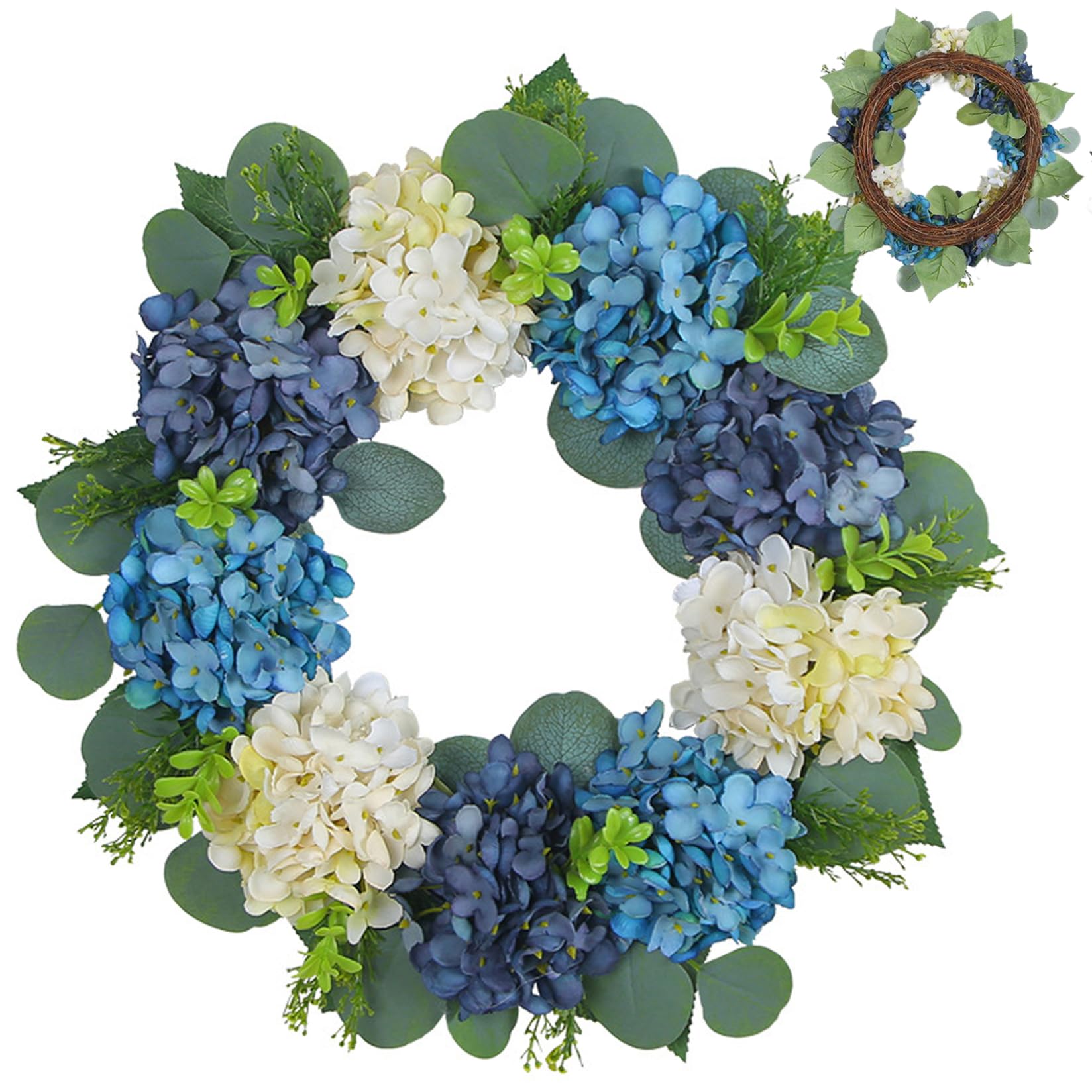 Couronne florale d'hortensia 16 pouces pour deco de porte d'ete et suspension murale de printemps