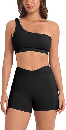 ABOCIW Workout Sets for Women Crossover High Waist Biker Shorts One Shoulder Sports Bra 2 Piece Gym Yoga Outfits