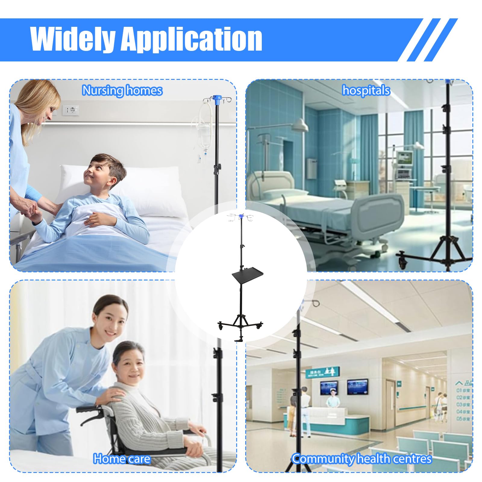 Support à perfusion à 3 roues Rolling IV avec alarme, support pliable pour perfusion avec 3 poches en filet et plateau en métal, hauteur réglable de 90 à 190 cm, porte-sachets de perfusion pour