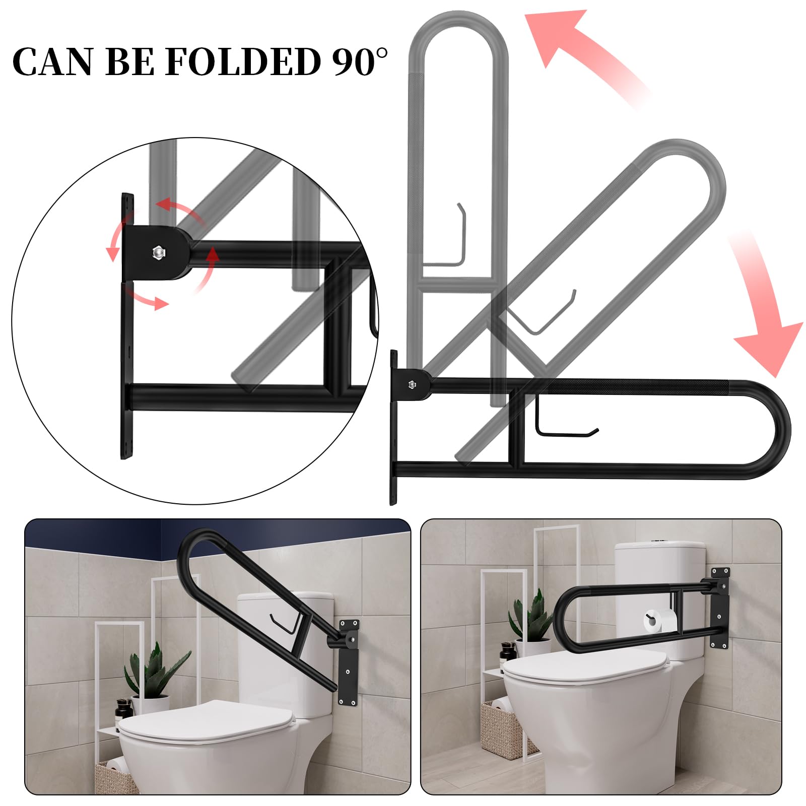ZUEXT Maniglia per WC ribaltabile a forma di U, 80 cm, con porta carta | Corrimano di sicurezza antiscivolo pieghevole per bagno, in acciaio inox, per anziani, disabili, incinte
