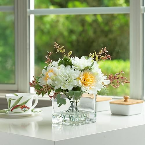 Miniatura 3 de ENOVA FLORAL Arreglos florales de margaritas artificiales mixtas con jarrón, centros de mesa para comedor, margarita de seda en jarrón de vidrio con