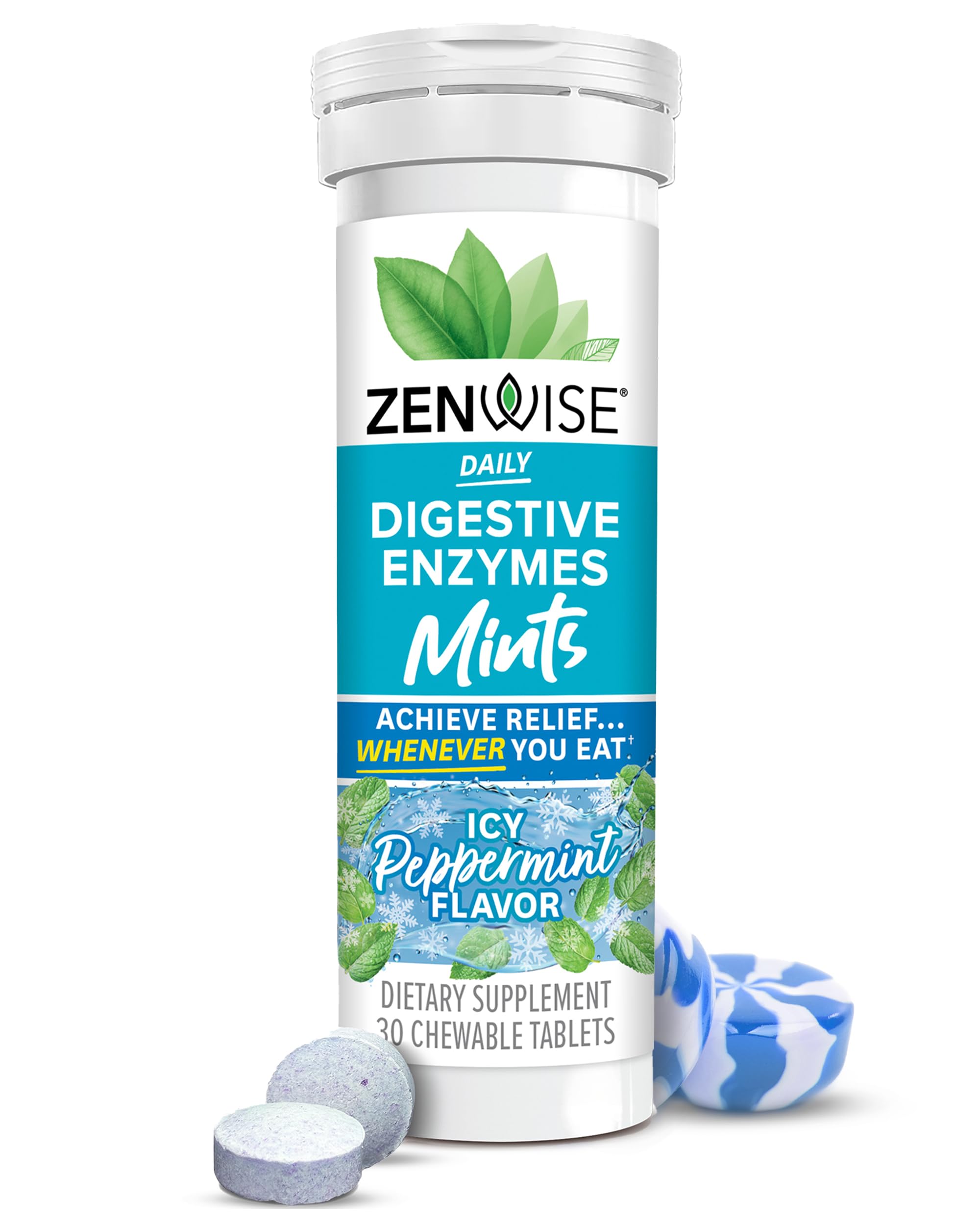 Zenwise Health Chewable Digestive Enzymes with Bromelain - Multi Enzymes for Intestinal Health + Bloating Relief Women Men - Peppermint, 30ct