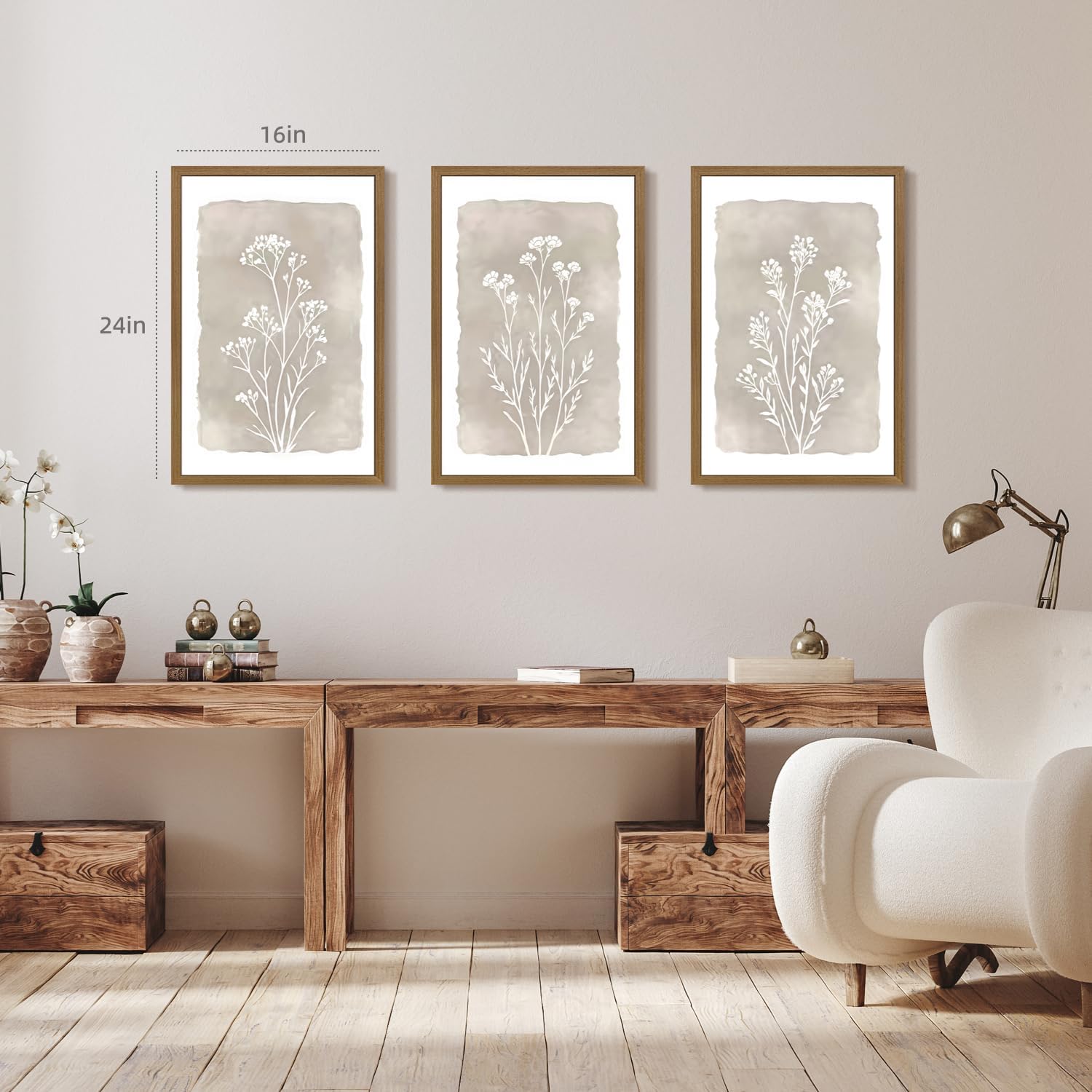 Grajoy Wood Framed Vintage Floral Wall Art Set of 3, Minimalist Wildflower Plant Wall Decor, Boho Beige Line Flower Poster Print, Farmhouse Nature Neutral Canvas Painting for Living Room 16x24 Inch