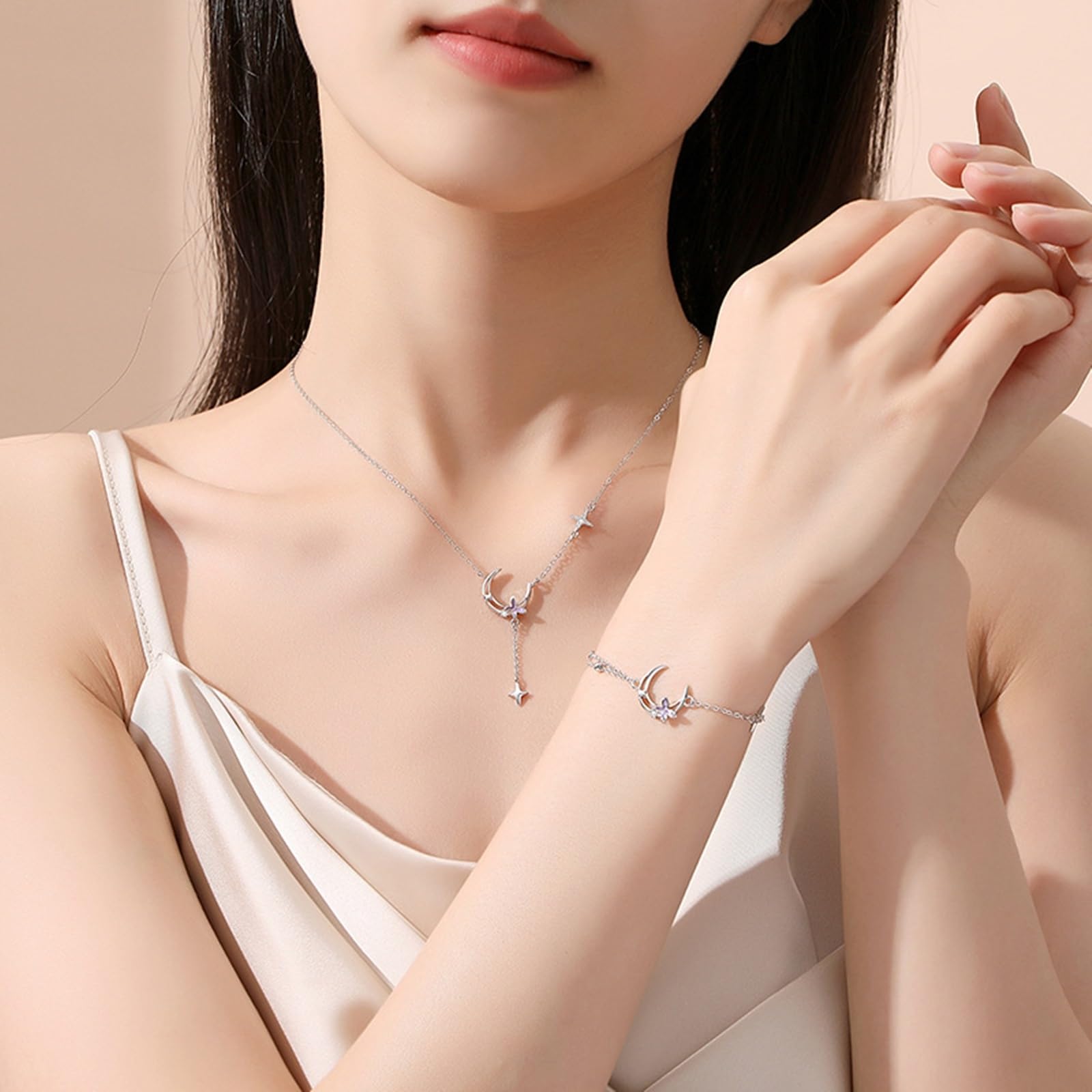 Collana Donna Matrimonio Oro Bianco 18k/14k/9k, Collana con Ciondolo Luna e Stella con Diamante Sintetico, Catena Regolabile 40+5 cm