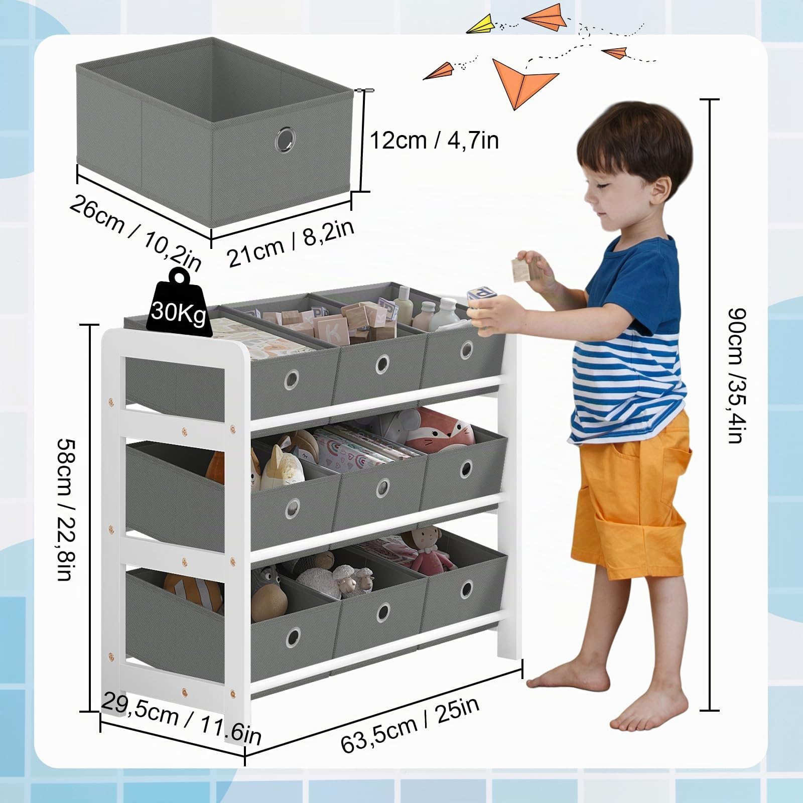 Lestarain Estanteria Infantil de Madera Maciza, Organizador Juguetes y Libros Niños, Estantería Almacenaje 3 Niveles de 9 Cajas, Mueble Infantil para Guardería y Habitación Infantil, Blanco+Gris | Madera; habitación infantil; sala de juegos; guardería; 63
